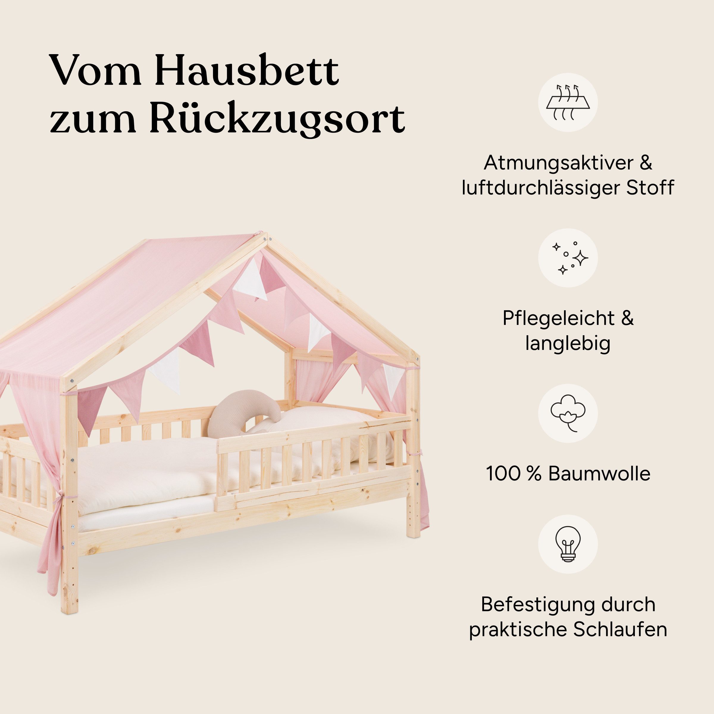 Ehrenkind Betthimmel für Panorama Hausbett Lille mit Wimpelkette (Beige, passend für Panorama Hausbett Lille 90x200), halbtransparenter Stoff mit hoher Luftdurchlässigkeit