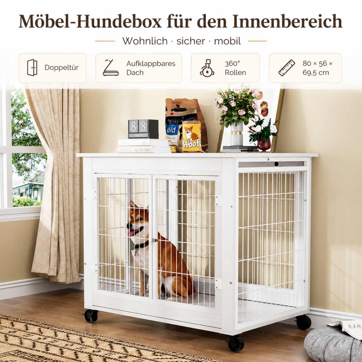 ANYSUN Hundehütte Möbel Hundebox, Hundehütte Innenbereich mit Doppeltür & Rollen, 80 × 56 × 69,5 cm, Klappdach, Stahlgitter & 80 kg belastbar