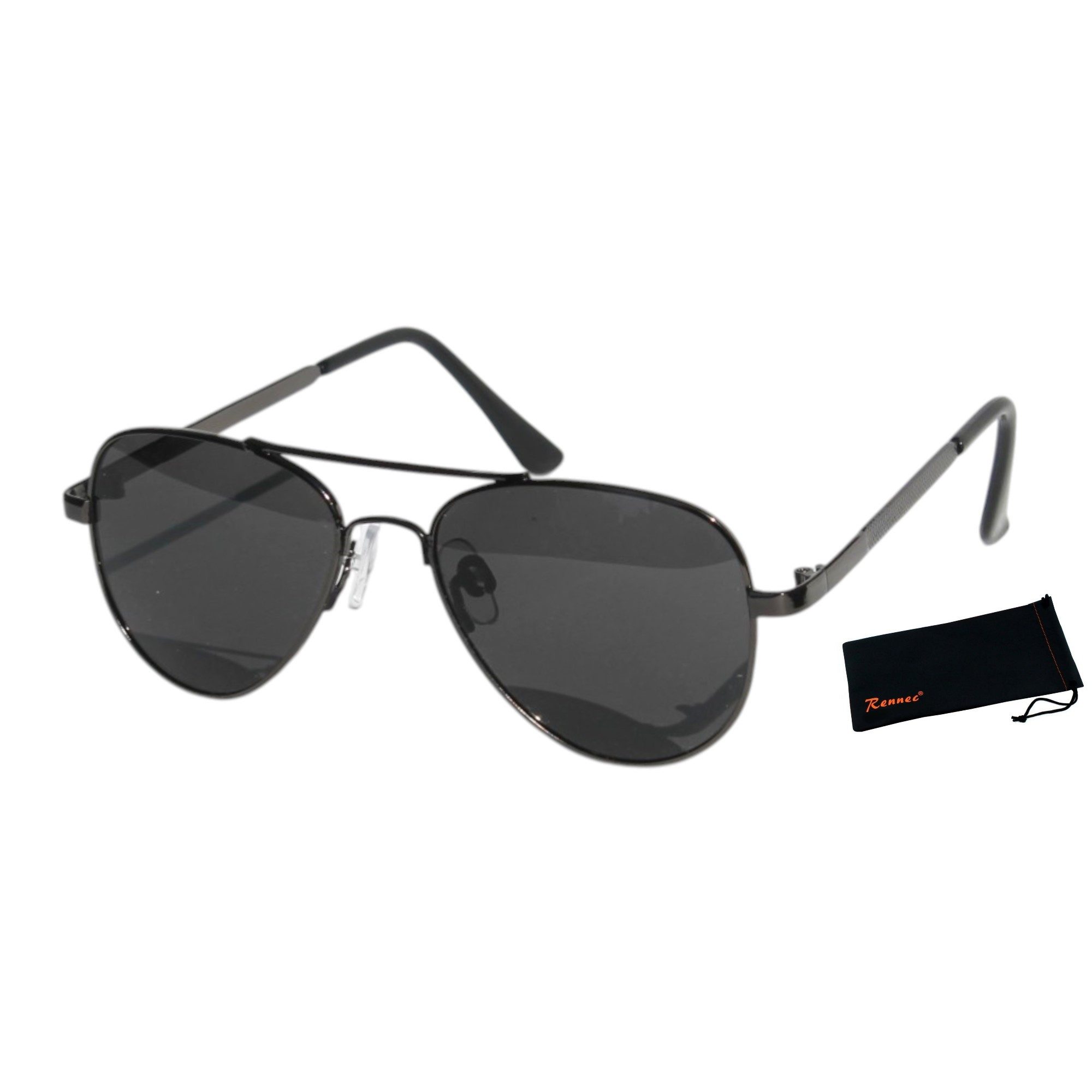 Rennec Sonnenbrille Kinder Pilotenbrille Polarisiert Jungen Mädchen 6 bis 11 Jahre (inklusive Brillenbeutel) Gläser UV400 Schwarz Getönt, stabiles Metallgestell
