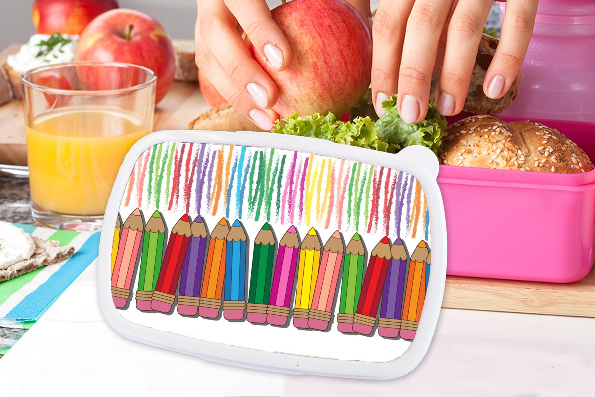 Mädchen, Snackbox, - Farbstift Lunchbox Kunststoff, Muster Kinder, Kunststoff MuchoWow Regenbogen, Brotdose (2-tlg), Erwachsene, rosa Brotbox für -