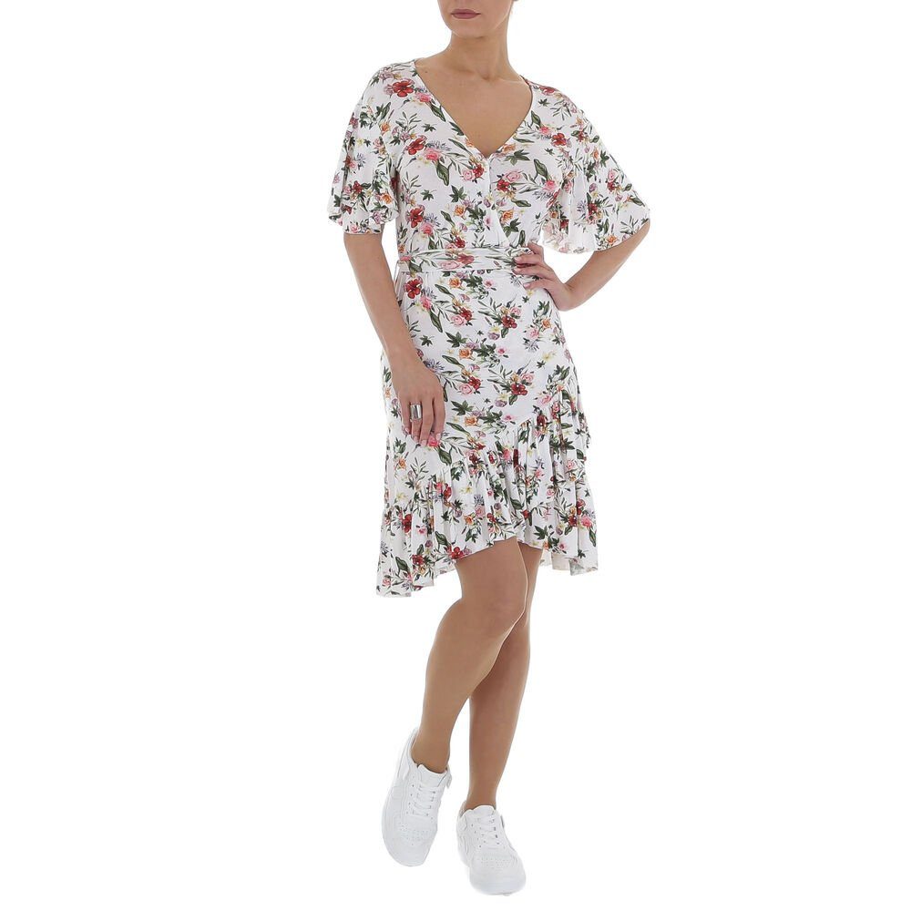Stretch Geblümt Damen Weiß Sommerkleid Wickeloptik Ital-Design Freizeit in Wickel Sommerkleid