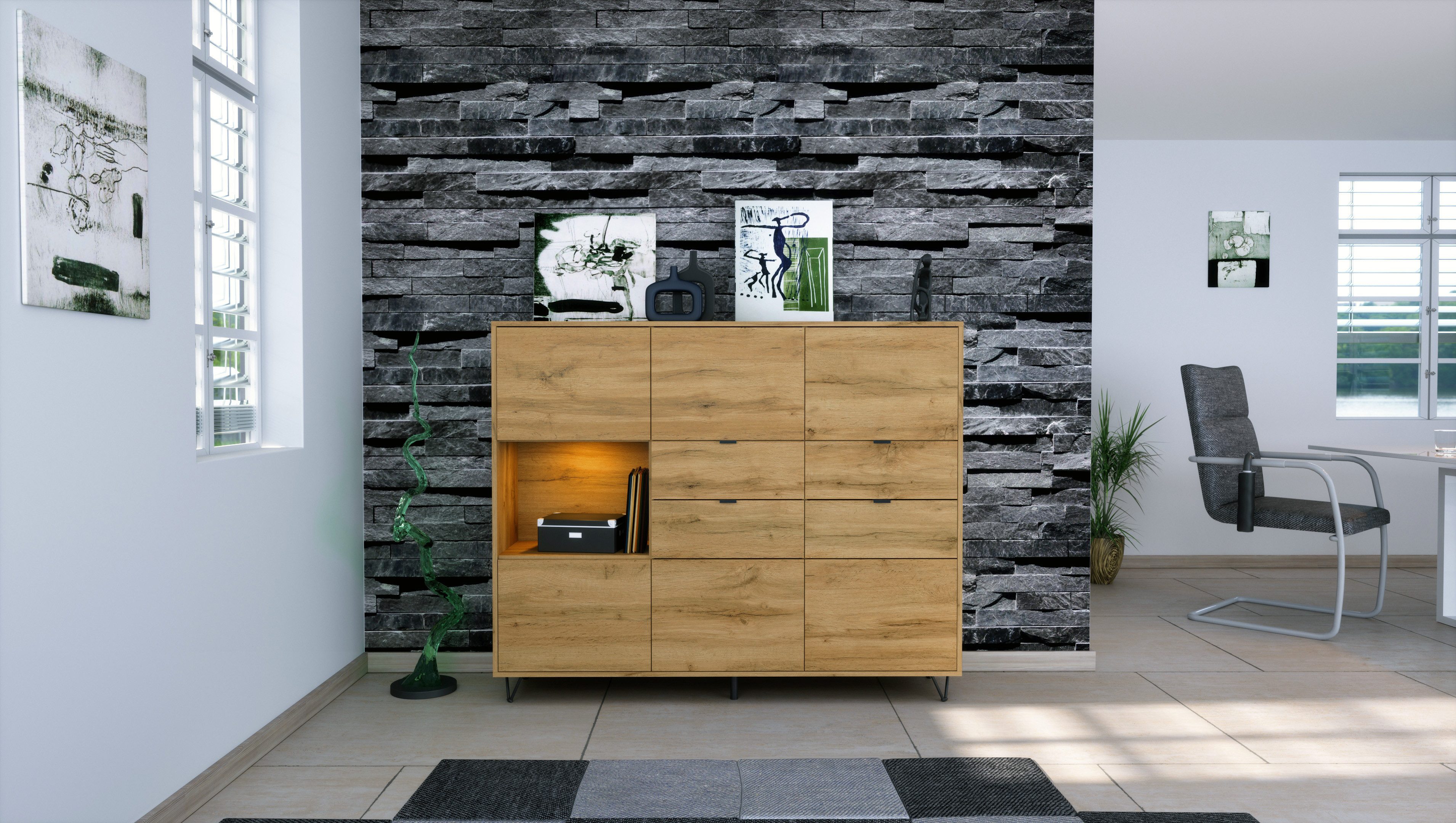 Vladon Highboard Marino (Highboard mit 6 Türen Eiche Evoke, 4 Schubladen Eiche Evoke, inkl. LED, Made in Germany), Korpus Eiche Evoke (152,5 x 125,5 x 37 cm)