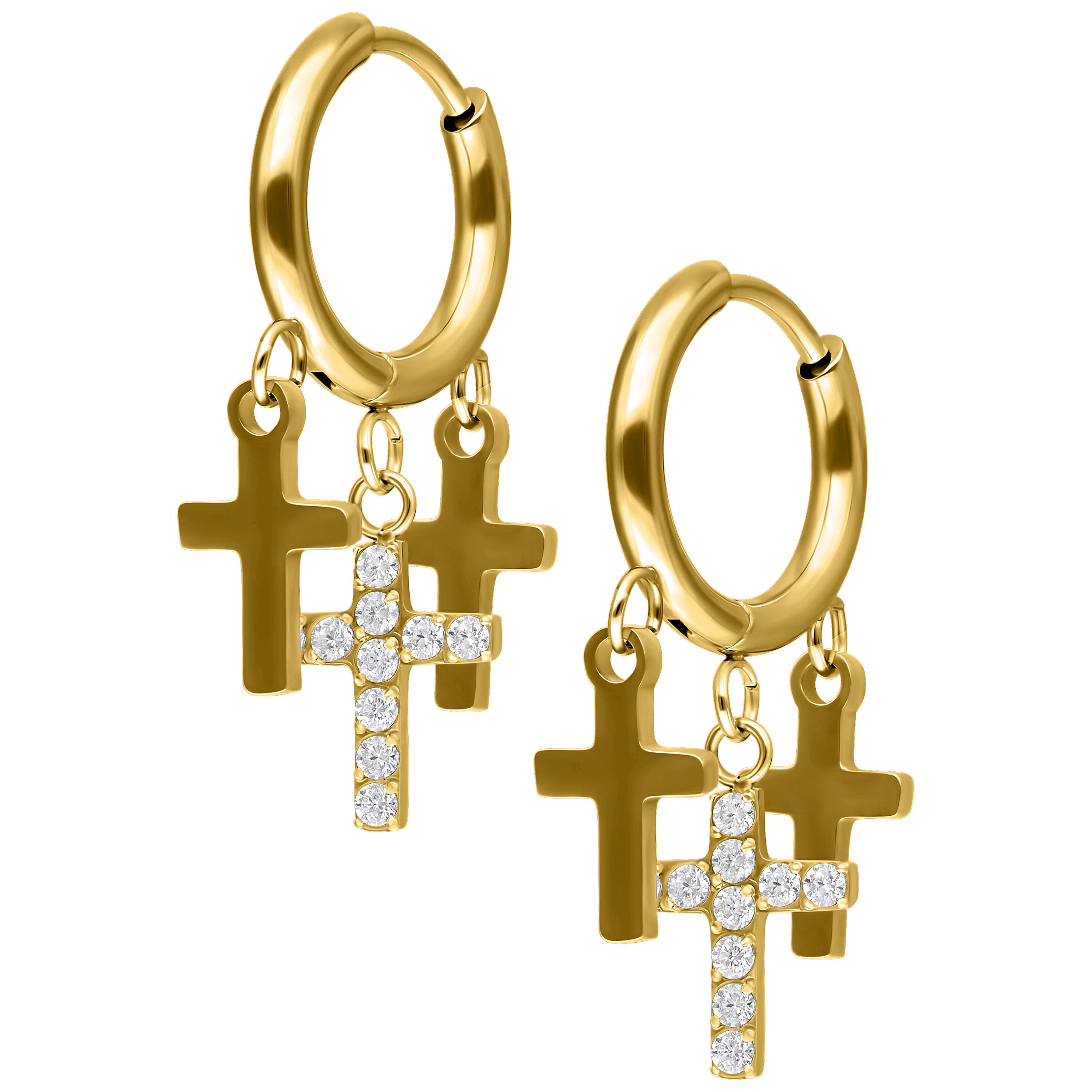 Paar Ohrhänger Little Dangling Cross Hoops - Gold