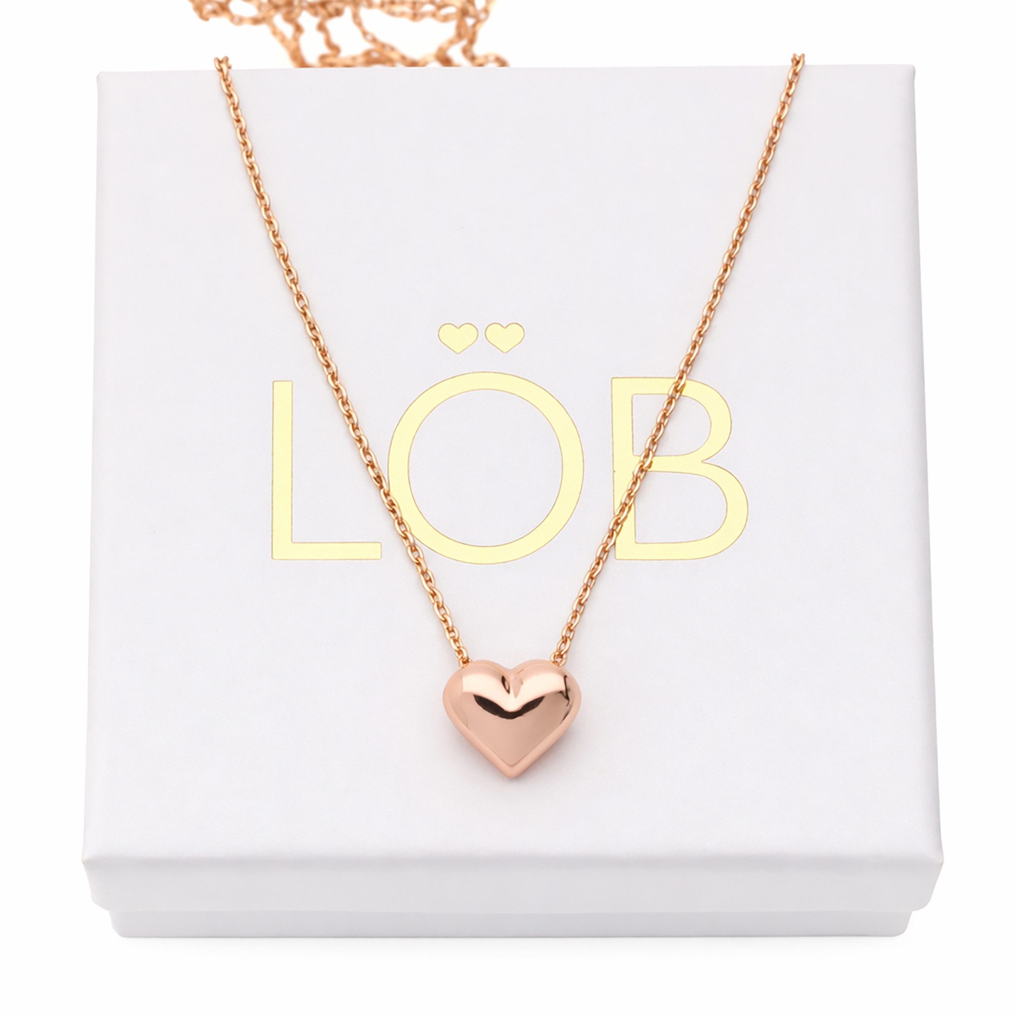 LÖB Kette mit Anhänger 18K Roségold vergoldet Kette kleines Herz Anhänger glänzend Herzkette (Geschenke für Frauen Damen Beste Freundin Mutter Mama Ehefrau Oma sie zum Geburtstag Schmuck Sommer, Inkl. Schmuckbox), Damen Halskette Herzanhänger Herzen Herzform Platte Freundschaftskette