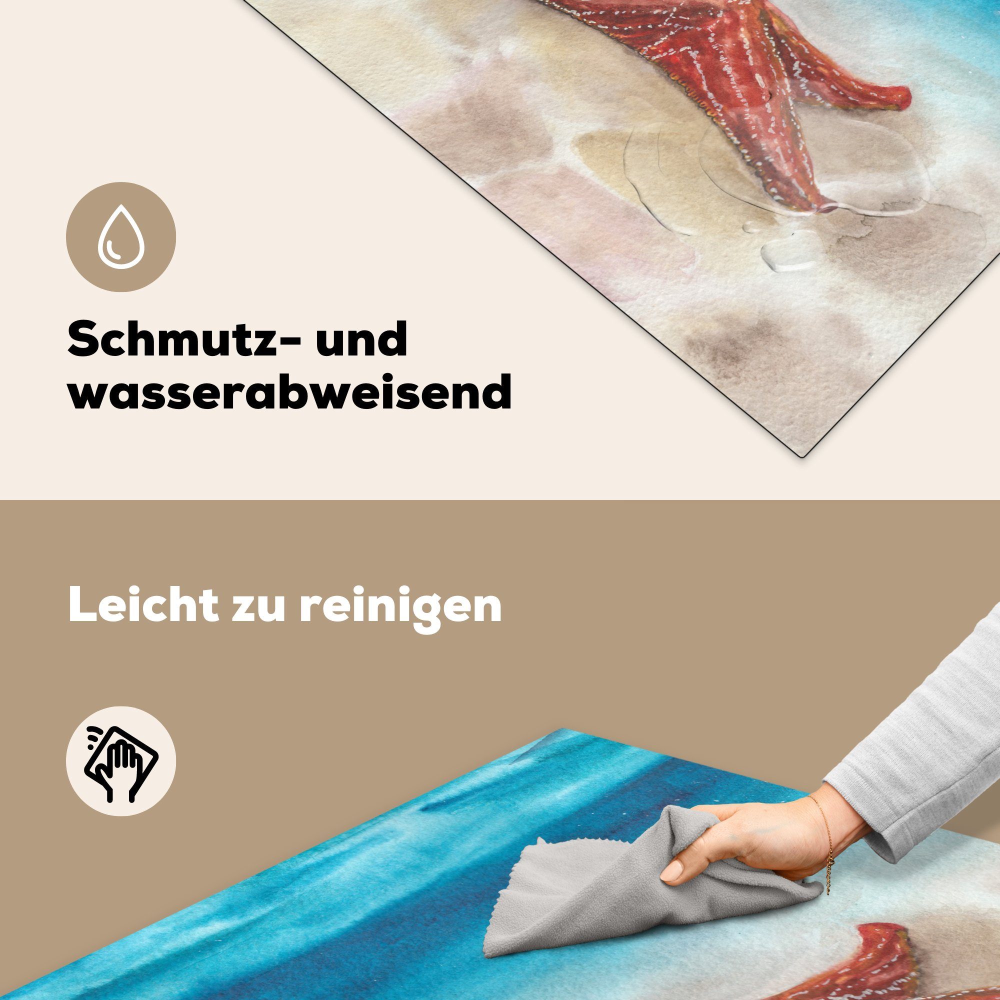 Arbeitsplatte für tlg), Meer, Ceranfeldabdeckung, küche cm, (1 Aquarell MuchoWow 78x78 Herdblende-/Abdeckplatte Vinyl, - Seestern -