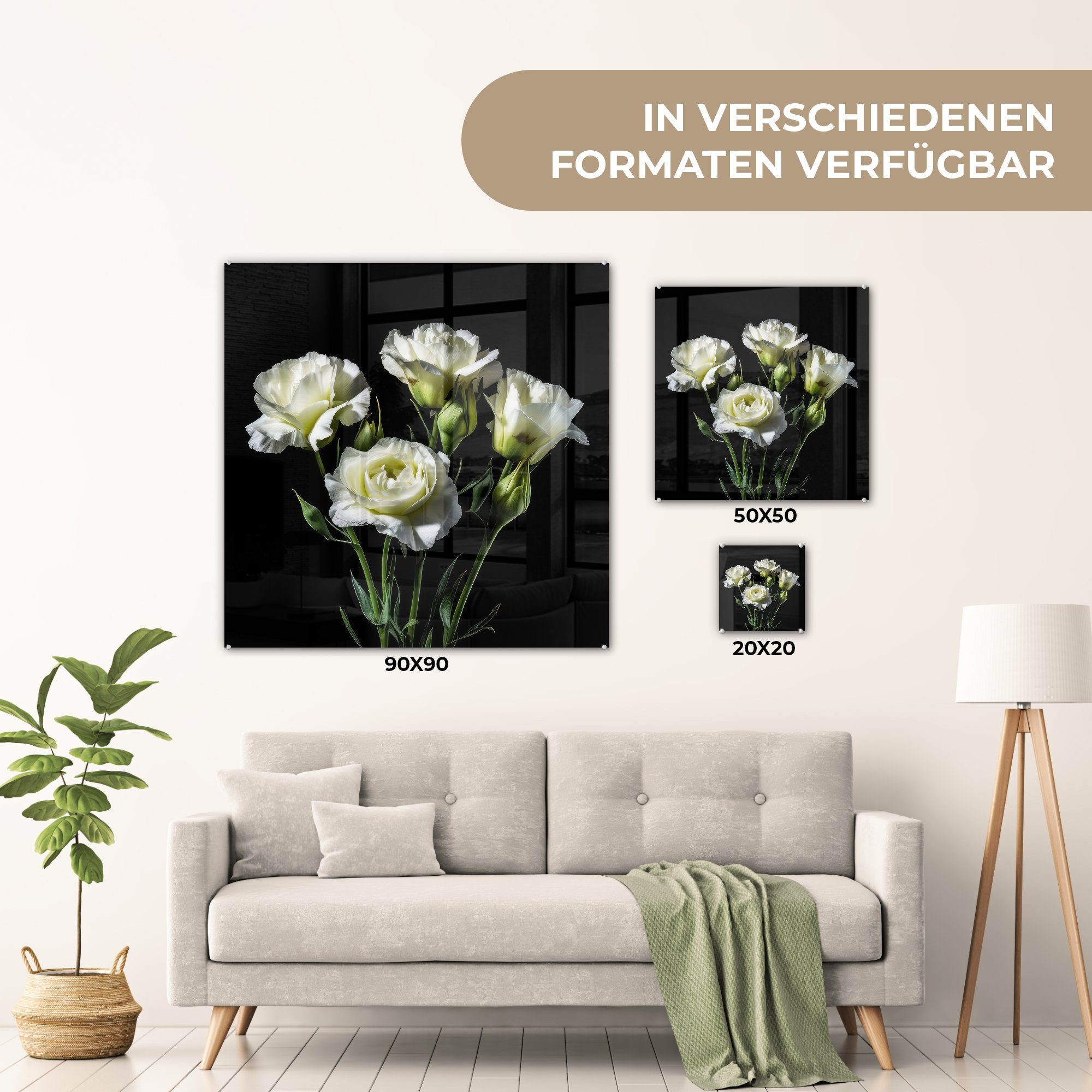 Glasbilder Wandbild Glas Wanddekoration - St), MuchoWow - Schwarz, Blumen - Glas Weiß - - Rosen (1 - Acrylglasbild Foto auf Botanisch auf - Bilder