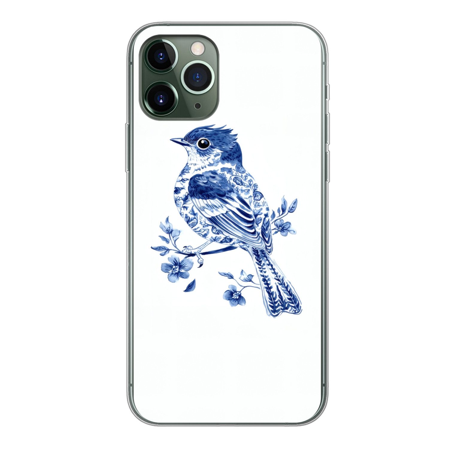 MuchoWow Handyhülle für Apple iPhone 11 Pro Vogel - Delfter Blau - Illustration - Blumen, Smartphone-Bumper, Print, Handy Schutzhülle Dünn
