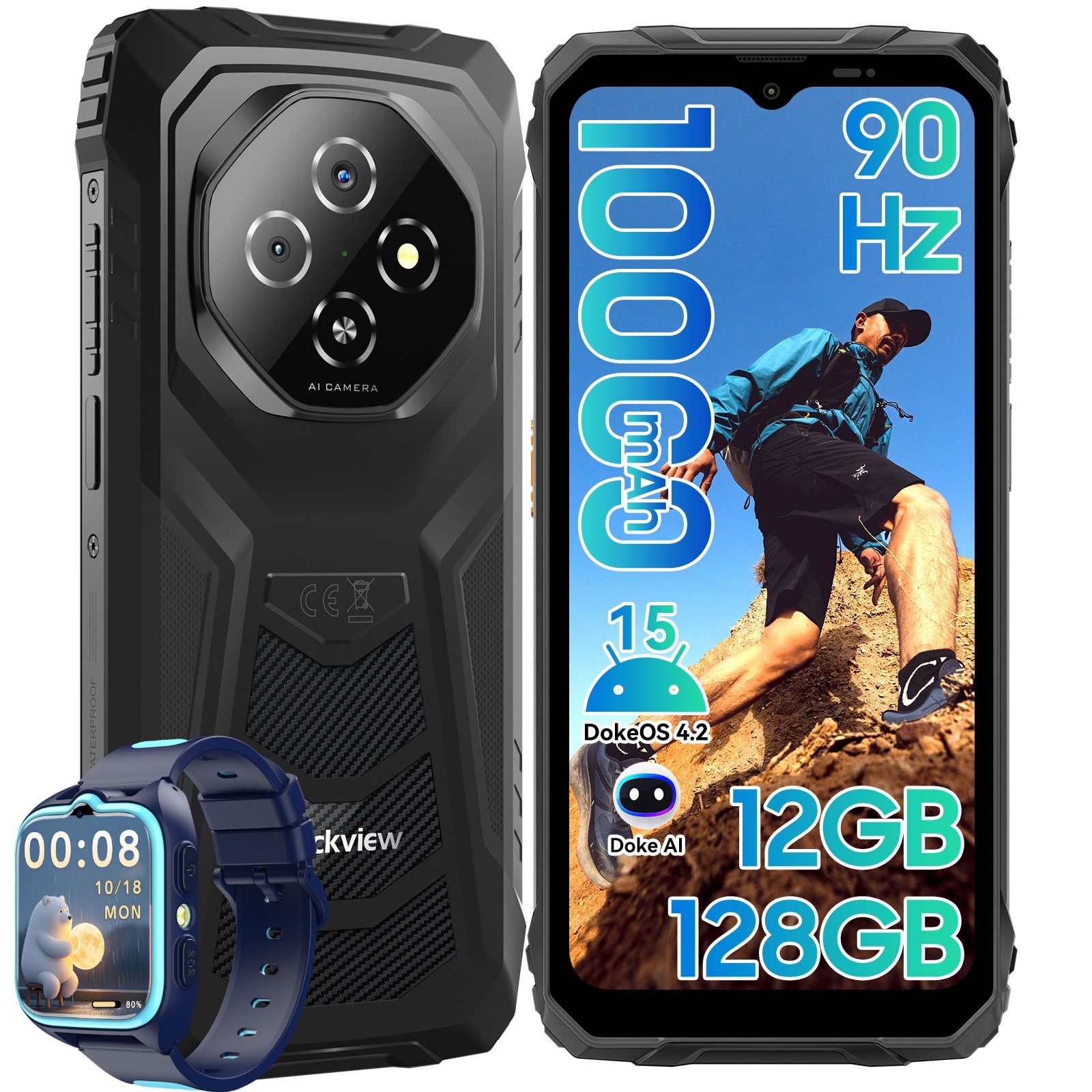 blackview FORT 1 incl. Z30 Kinder Smartwatch Android 15, Outdoor Smartphone (128 GB Speicherplatz, 6.56”, 90Hz, fingerprint, NFC,10000mAh, 18W)