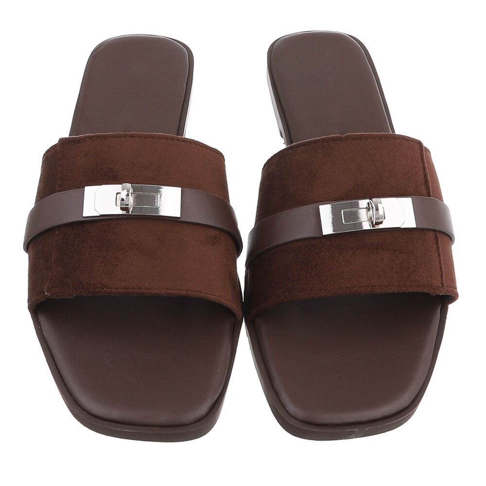 Ital-Design Damen Pantolette mit Metall-Detail und flachem Fußbett Pantolette (91742325) Blockabsatz Pantoletten in Braun – Bild 4 von 5