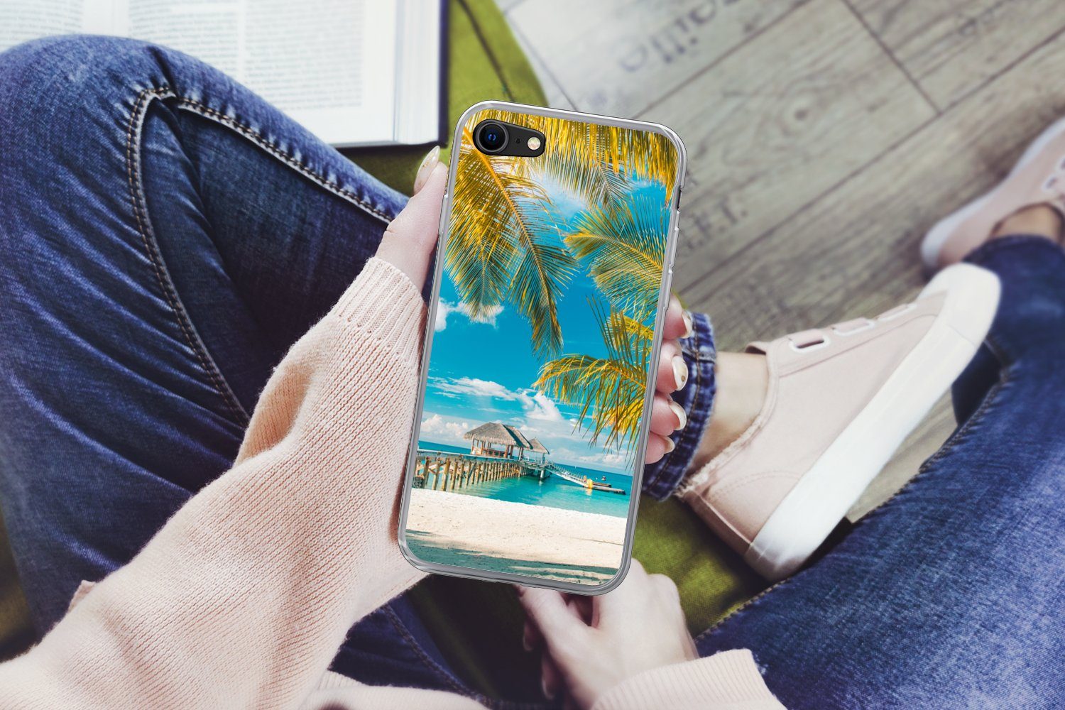 MuchoWow Handyhülle für Apple iPhone SE 2020 Strand - Palme - Meer, Smartphone-Bumper, Print, Handy Schutzhülle Dünn