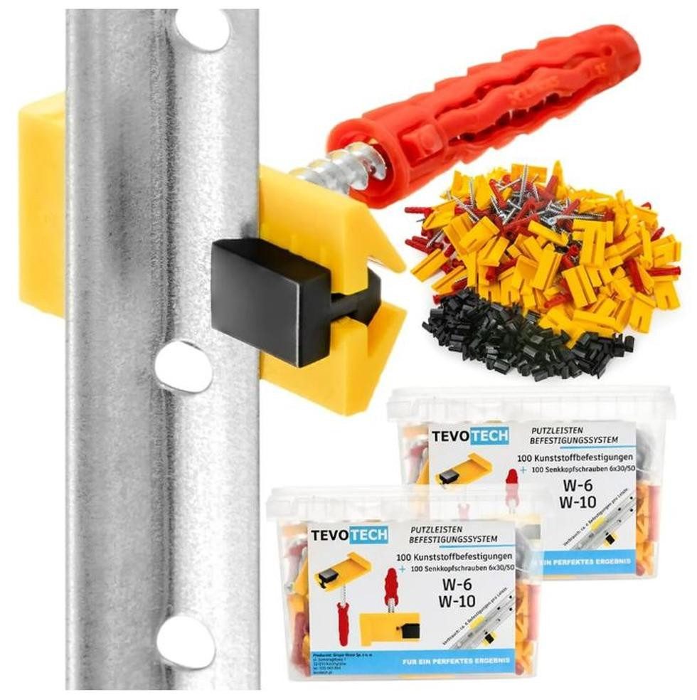 Tevo Tech Leisten-Befestigungsclips Schnellputzprofil Clips System + Dübel, (200-St)