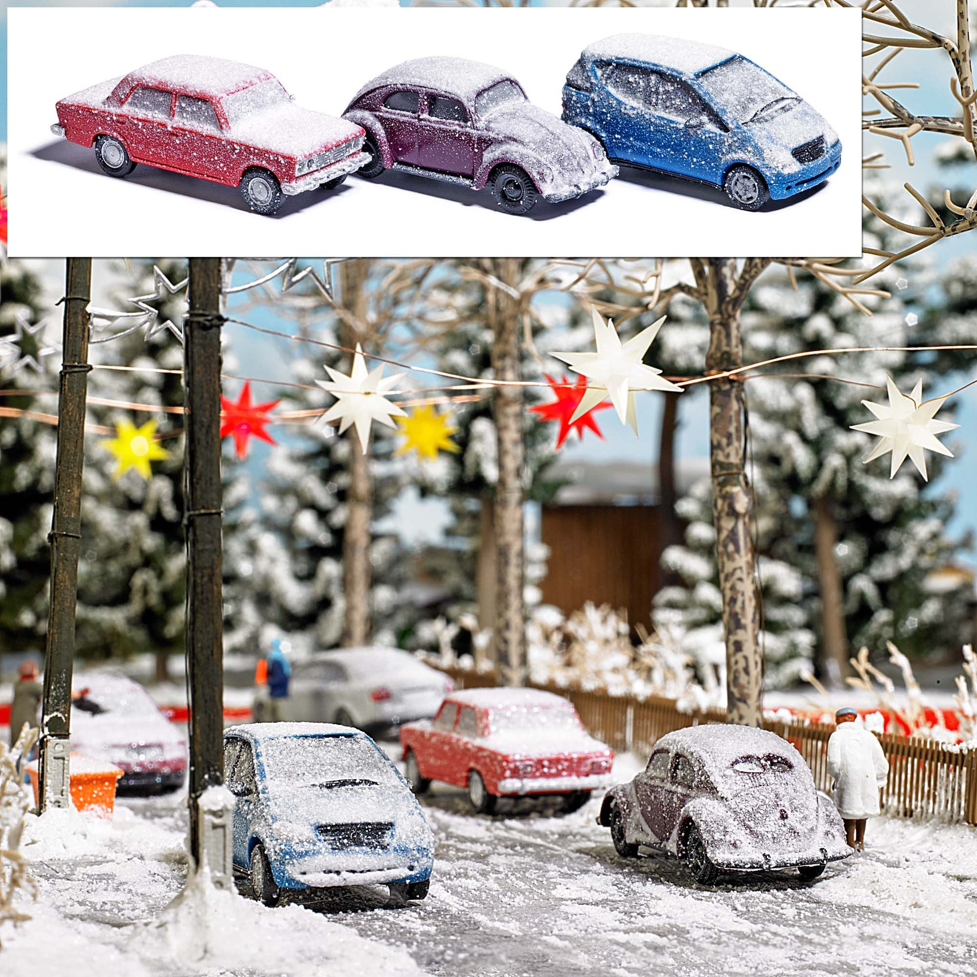 Busch Modellauto Busch H0 89010 Modellauto 3 verschneite Autos Szenenset Diorama 1:87