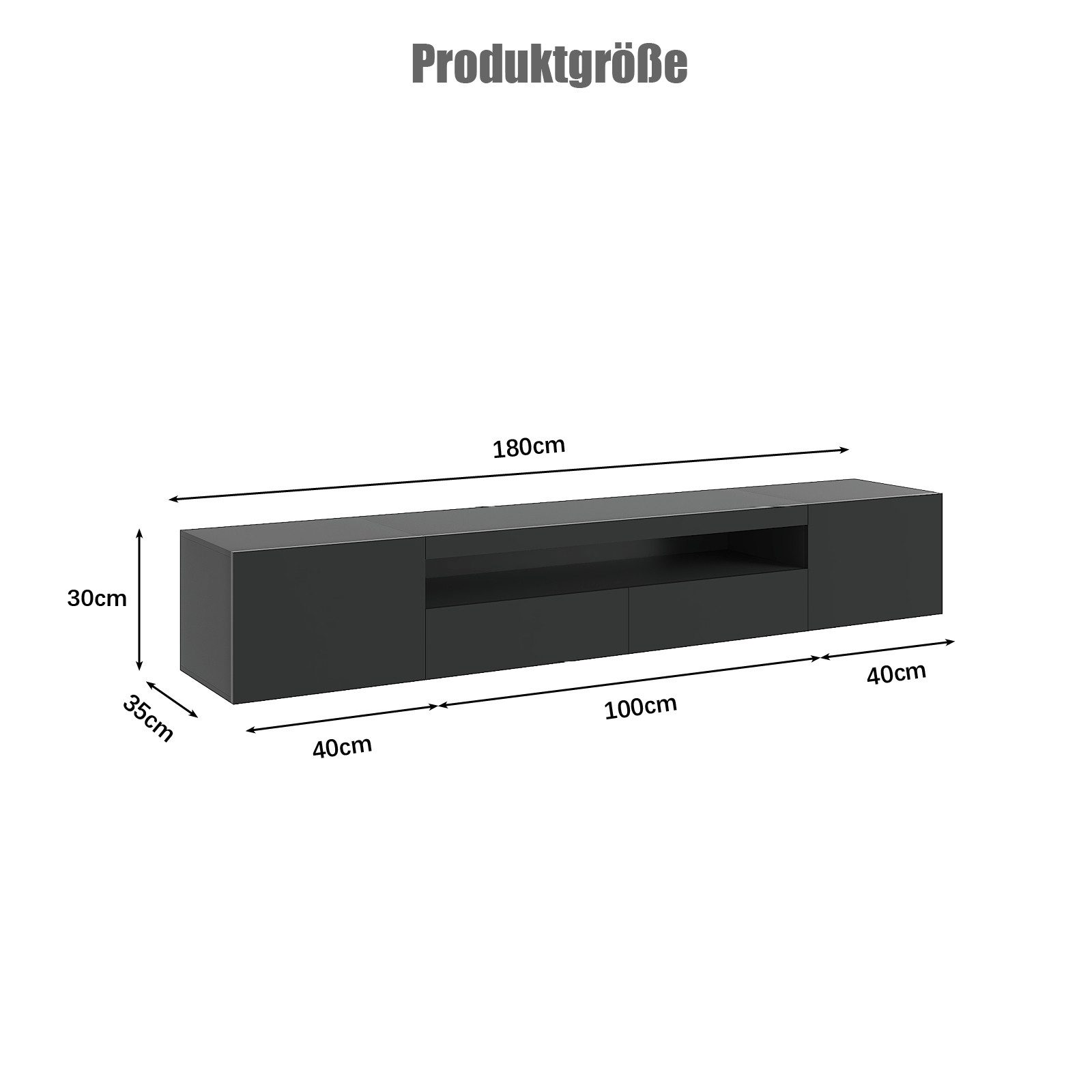 radelldar Lowboard 180cm Hochglanz mit LED-Beleuchtung und Stauraum (1 St), hängender TV-Schrank für Fernseher bis 85 Zoll