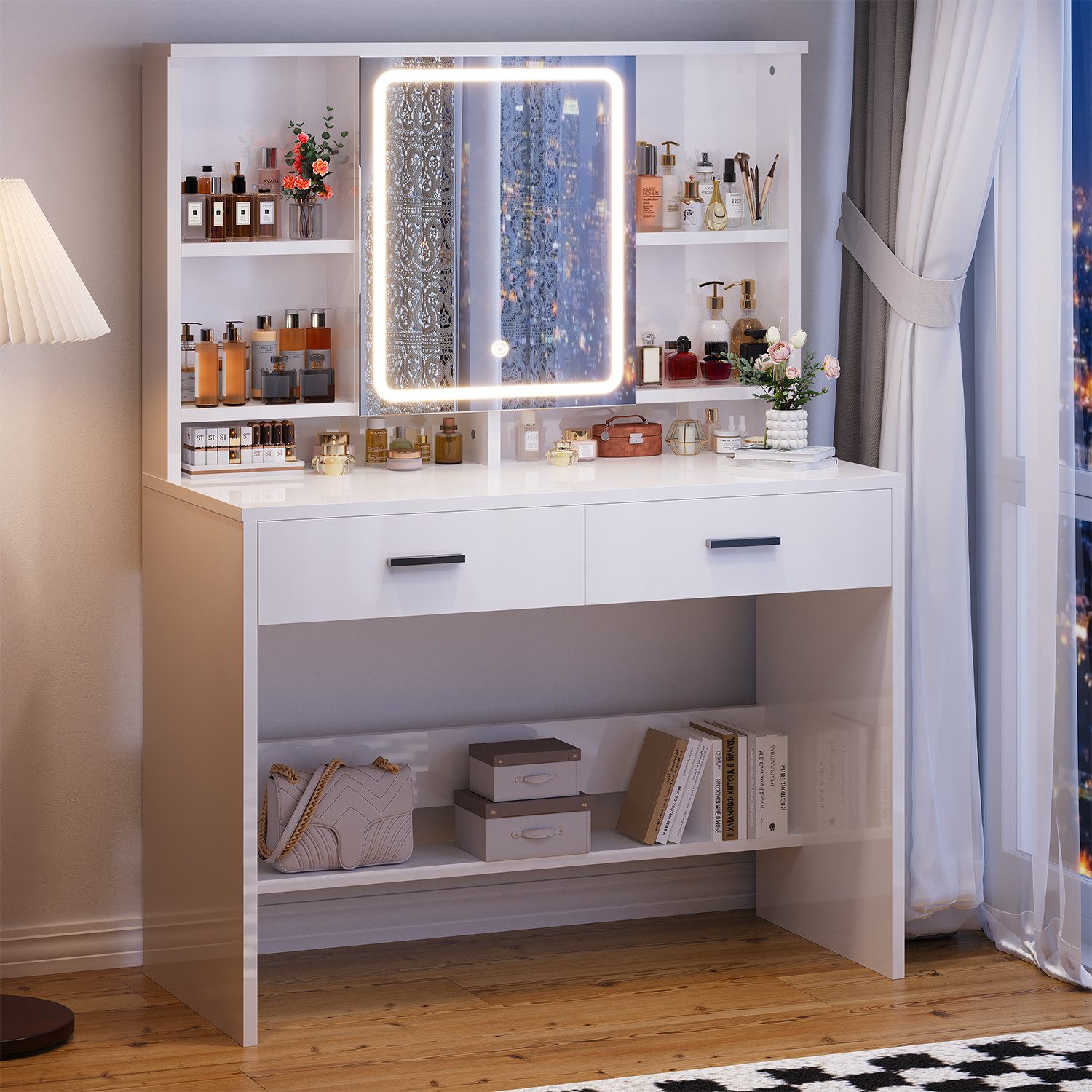 Schminktisch Schminktisch mit Spiegel und LED 2 Schubladen und 6 Ablagefächer