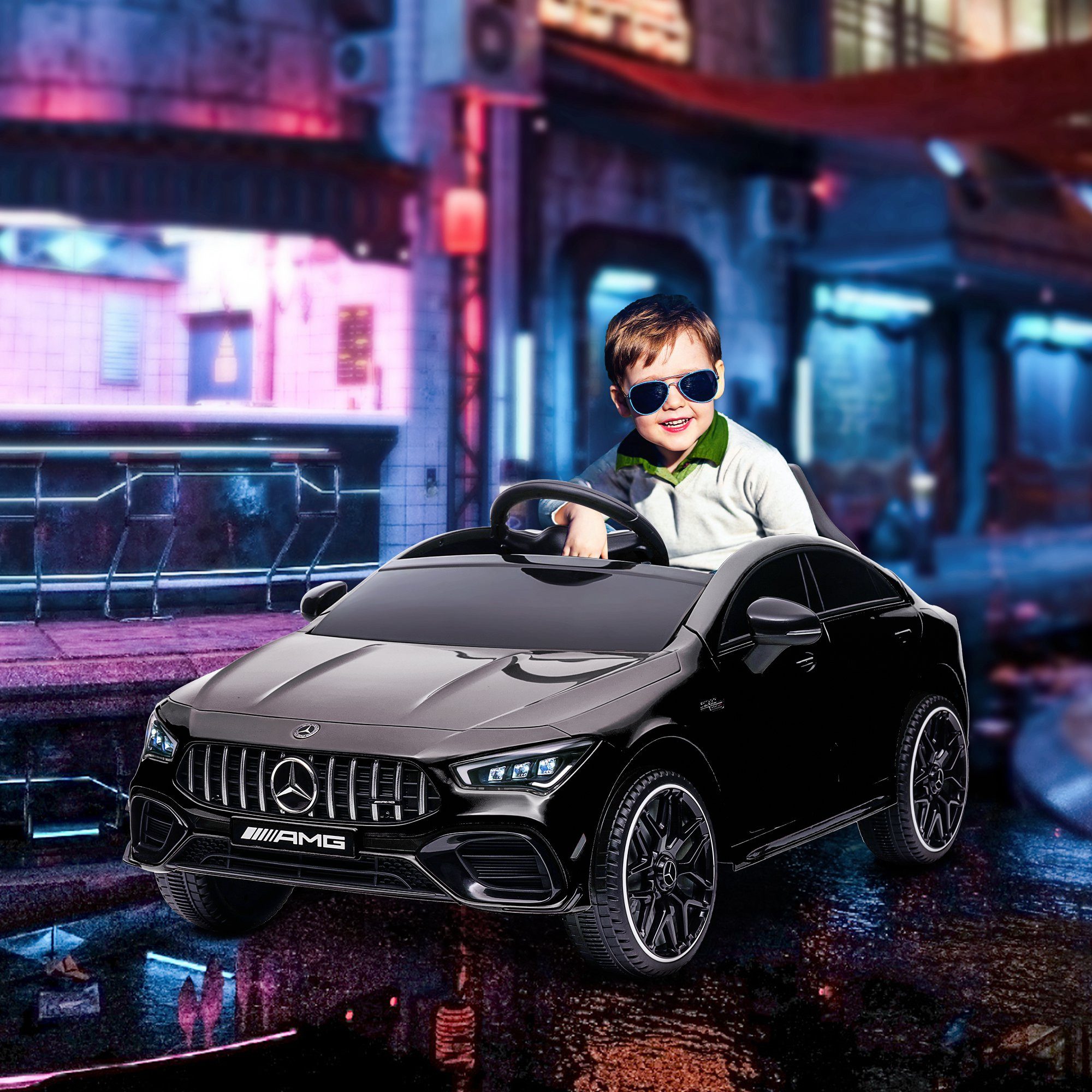 AIYAPLAY Elektro-Kinderauto Merceds-Benz AMG GTR Kinderauto mit 2,4G Fernbedienung, Hupe, Belastbarkeit 30 kg, (1-tlg), bis 5 km,h, für Kinder 3-6 Jahre, Schwarz