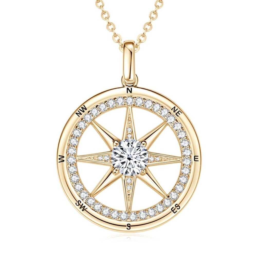 ROUGEMONT Kette mit Anhänger Extravagante Kompass Halskette Talisman 925 Sterling Silber 18K Gold, Echtschmuck