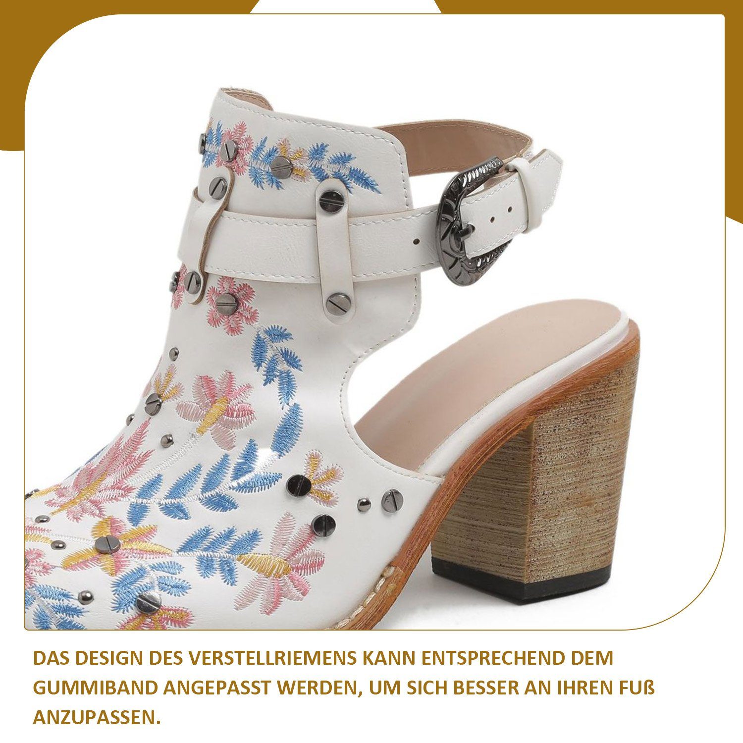 Absätze Daisred Retro Vintage Weiß Sandalette Nieten-Sandalen Bestickte