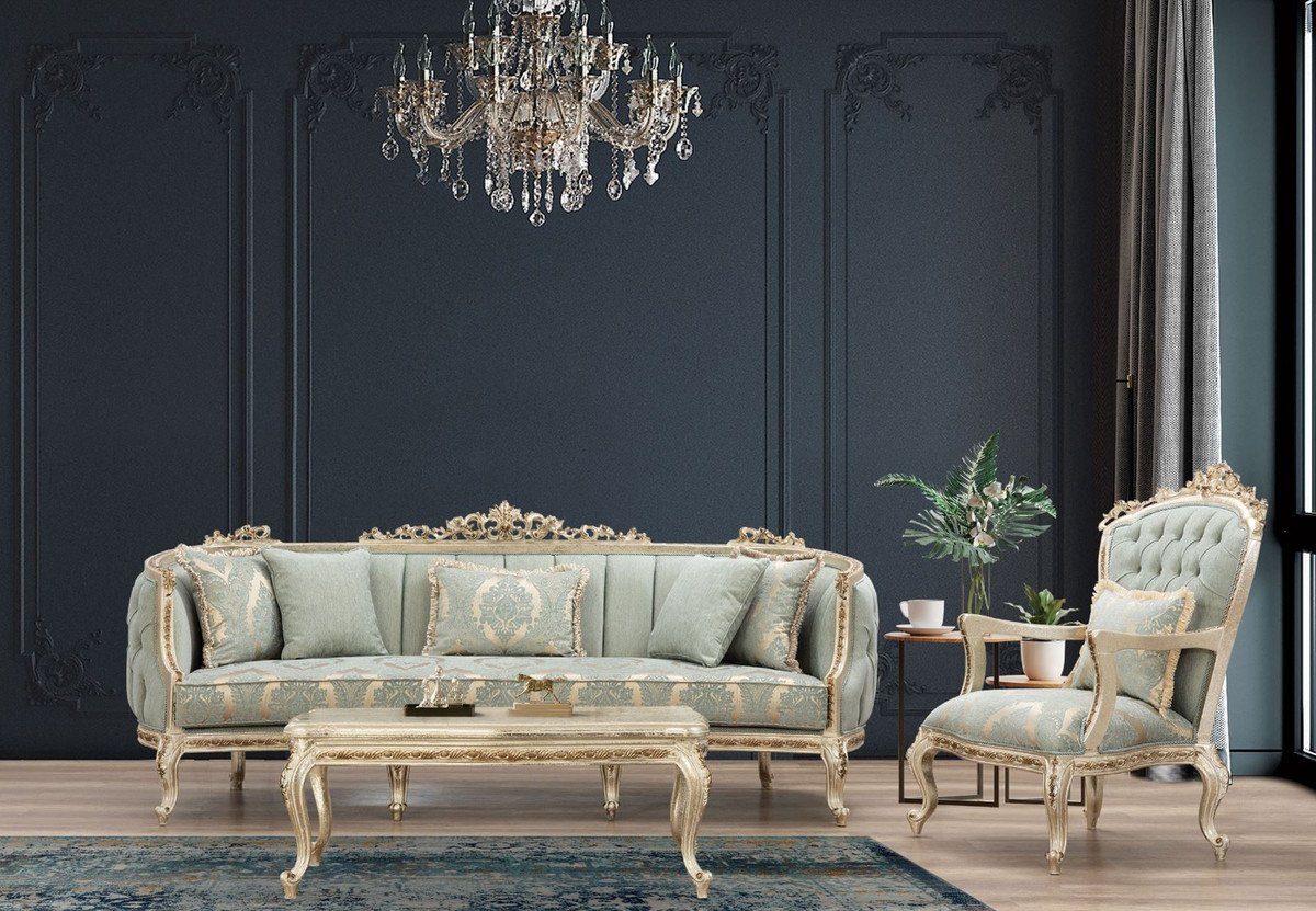 Sofa - Casa Antik Luxus Wohnzimmer Wohnzimmer Prunkvolles Möbel Sofa - Sofa Barock Grün mit / elegantem Muster Gold Barock Padrino