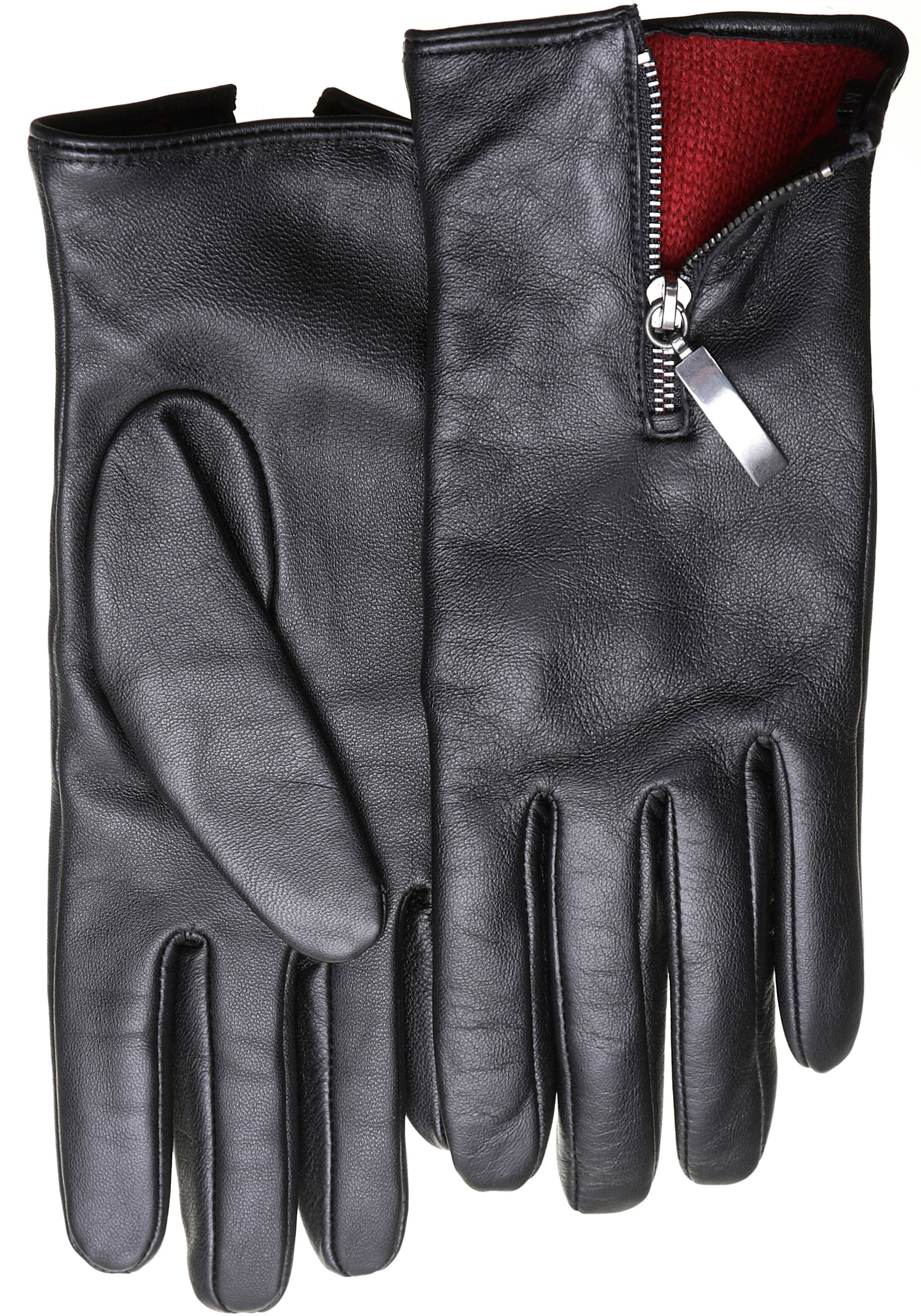 PEARLWOOD Lederhandschuhe mit farbigem Innenfutter, Glattleder, Zipper auf dem Handrücken | Handschuhe