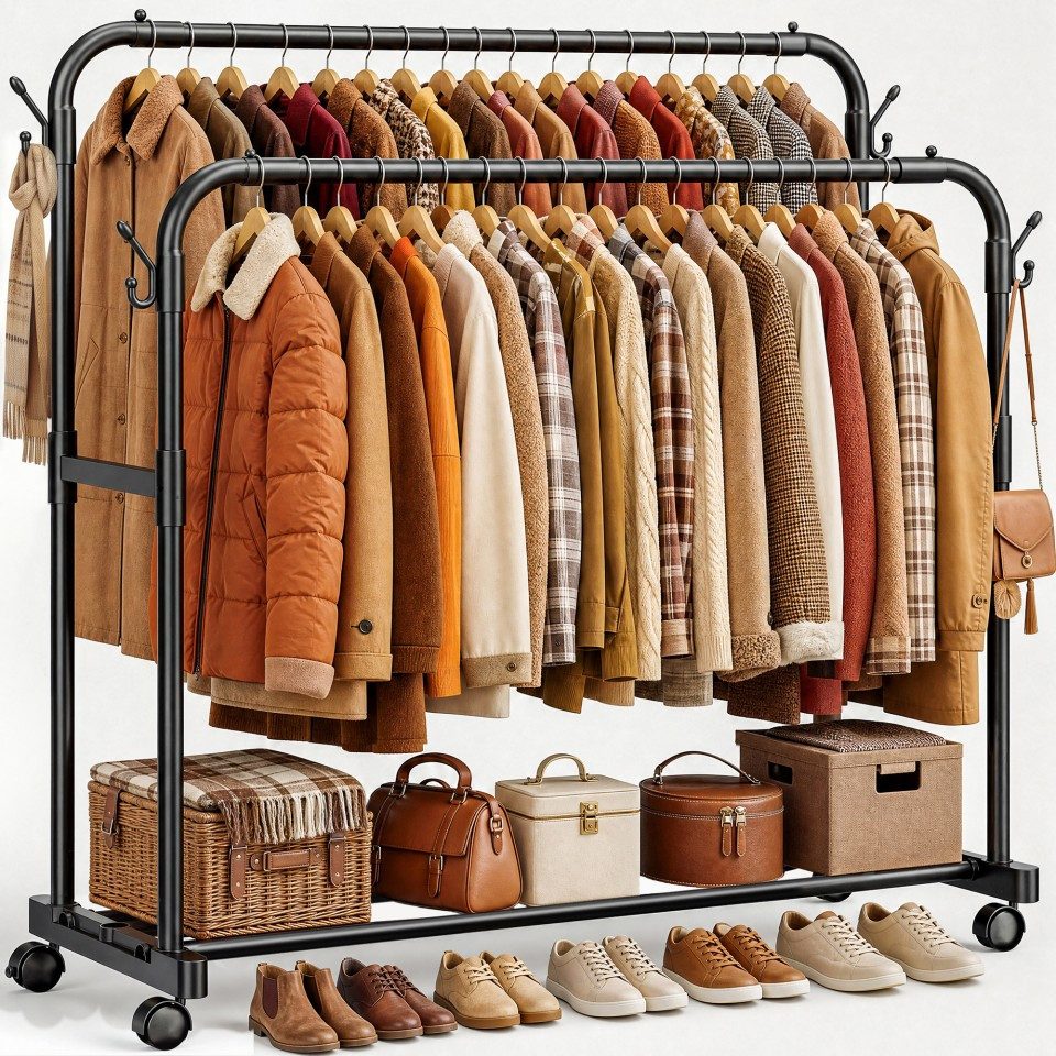 Klyvvo Kleiderständer Doppelter Kleiderständer auf Rollen mit 4 Haken & Anti-Rutsch Design, (1 St., Stabiler Garderobenständer mit doppelter Kleiderstange), für Kleider, Pullover, Mäntel, Clothes Rack, Tiefschwarz
