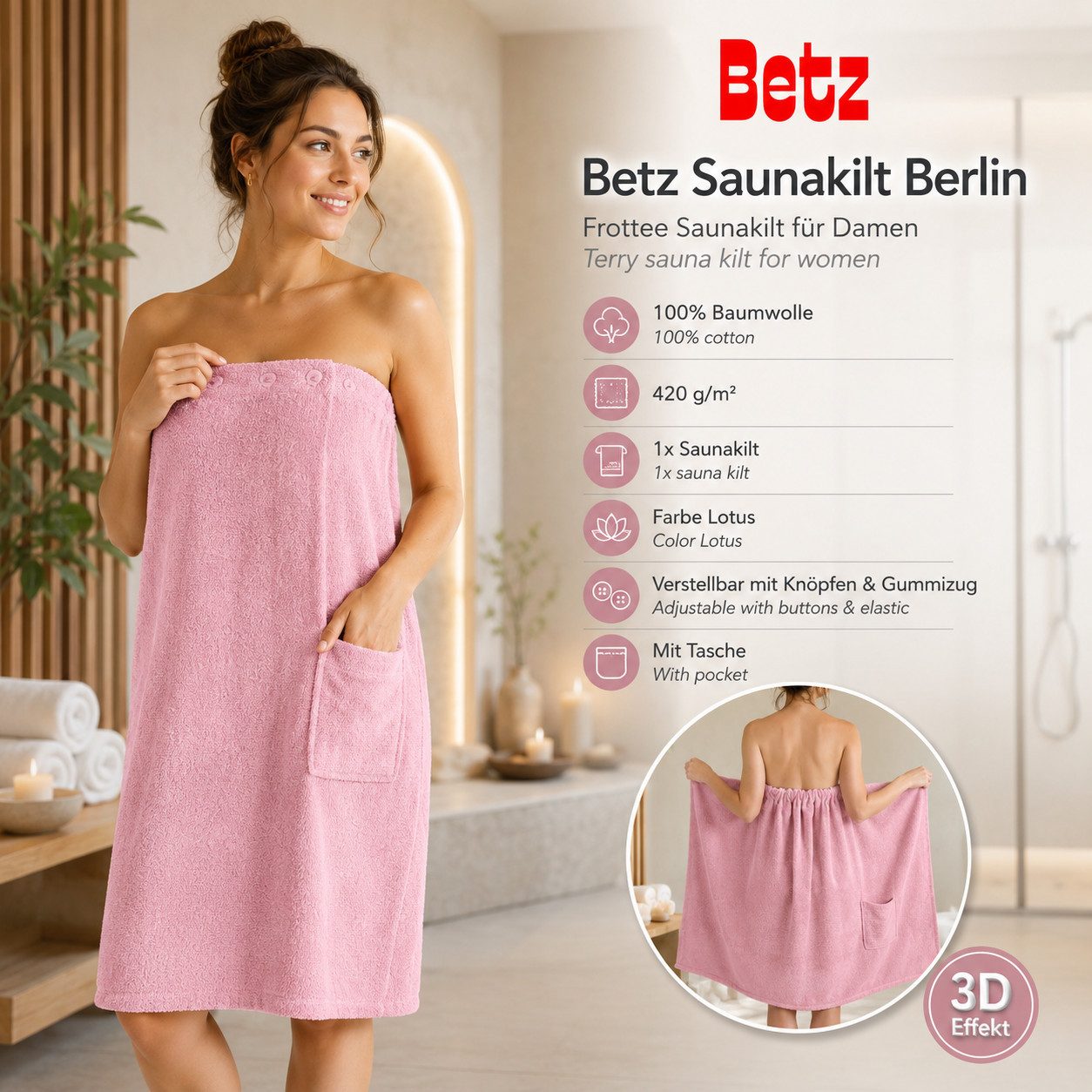 Betz Kilt Frottee Saunakilt BERLIN mit Knöpfen für Damen 420 g/m², Baumwolle