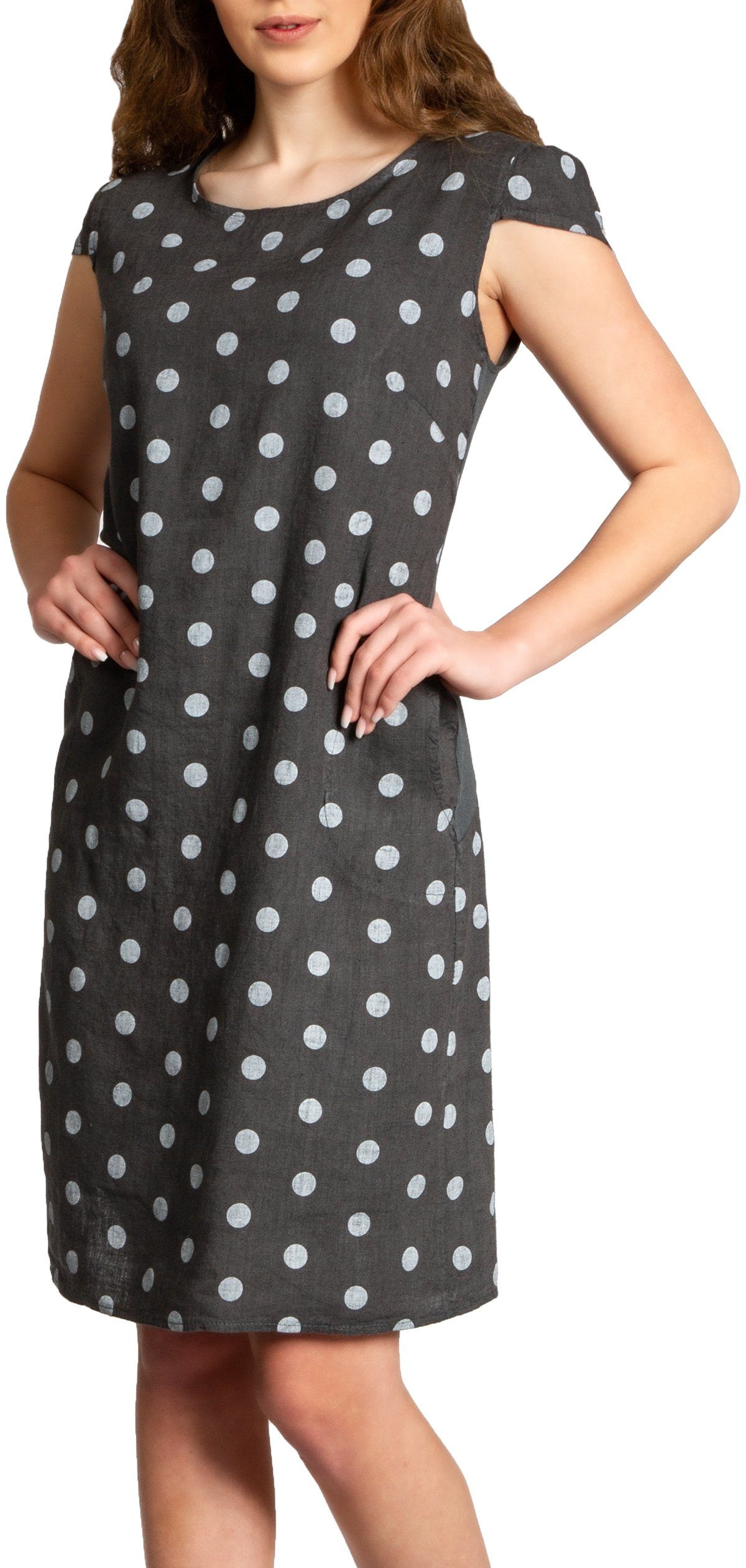 Caspar Sommerkleid SKL024 knielanges Damen Sommer Leinenkleid mit Punkte Print Luftig leicht, figurumspielende Form, mit seitlichem Jersey-Einsatz