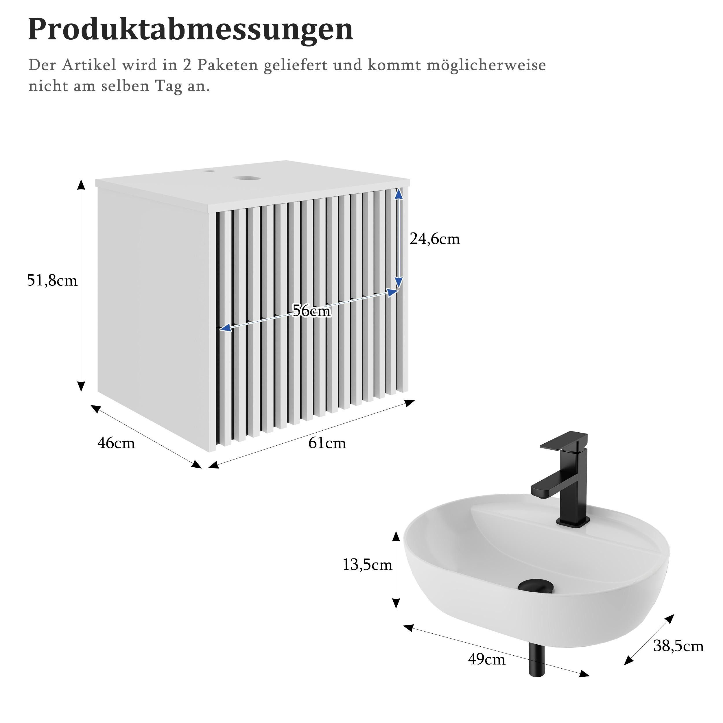 UEV Waschtisch mit Unterschrank hängend Ovales Keramikwaschbecken (Komplett-Set Badmöbel, Badezimmmer Schrank, mit Wasserhahn und Pop-up-Ablassventil Aufsatz-Wa – Bild 4 von 5