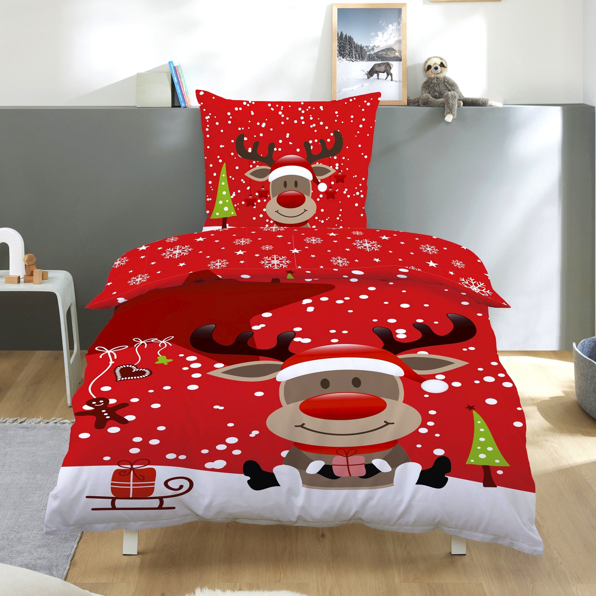 Familando Bettwäsche Weihnachten Rentier Rot, Fleece, 135x200 80x80 cm mit günstig online kaufen
