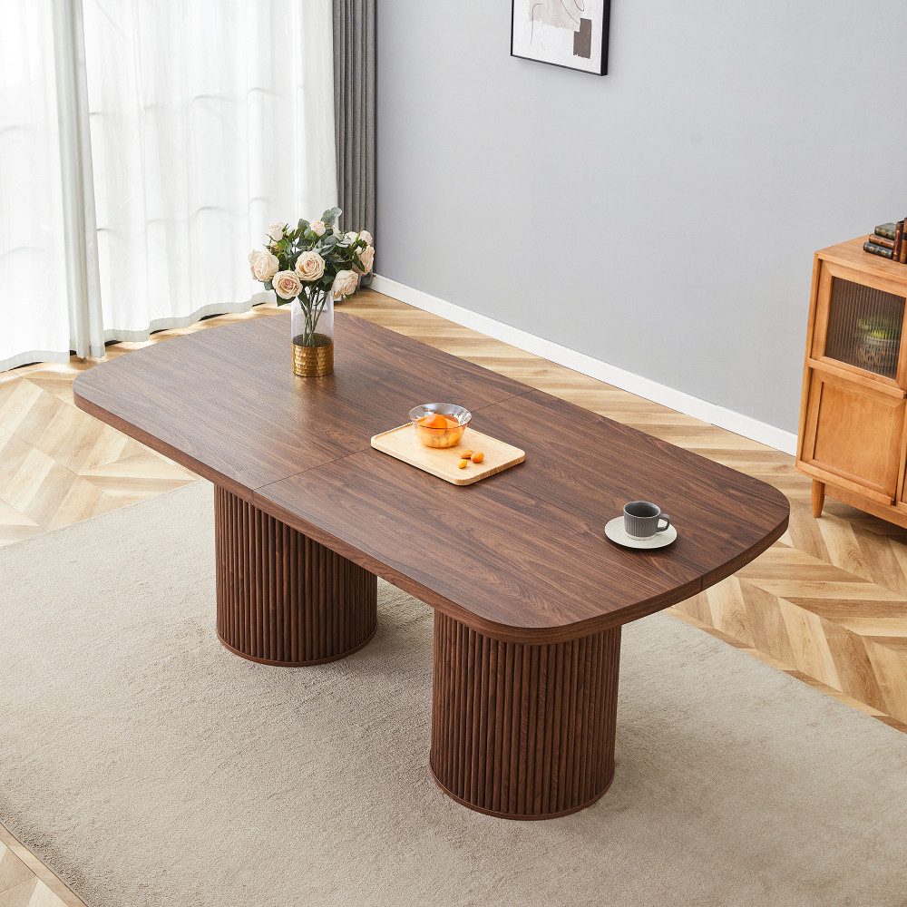 BBWL Esstisch mit geriffeltem Säulenfuß, Wabi-Sabi Mid-Century Küchentisch, Ovaler Esstisch MDF Holzoptik