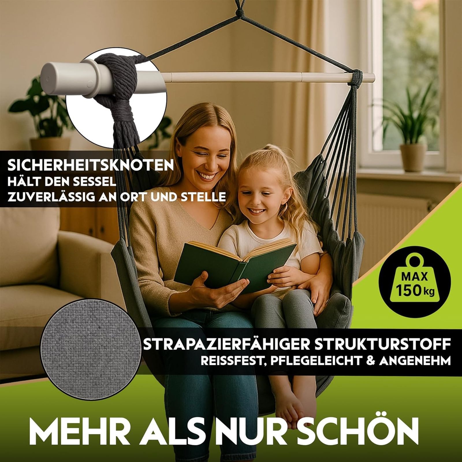 BURI Hängesessel Hängesessel 150kg Hängestuhl 360° Drehung Deckenmontage + DeckeKissen – Bild 3 von 5