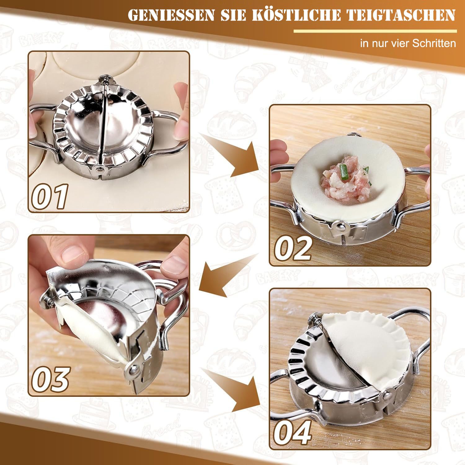 SURFOU Nudelmaschine 9 Stück Nudelherstellungs Set Edelstahl Effizientes, mit Ravioli Stempel Ausstechern Nudelhölzern Teigschneider Tortellini – Bild 4 von 5