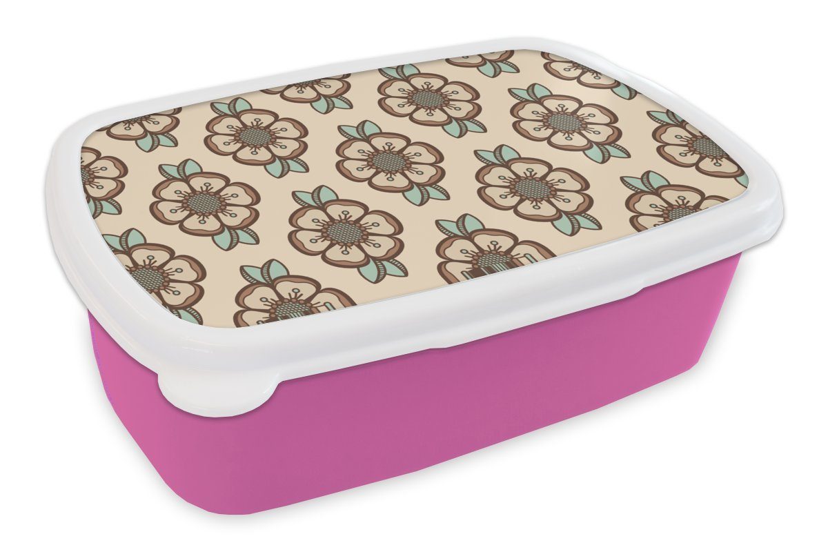 MuchoWow Lunchbox Retro - Blumen - Design, Kunststoff, (2-tlg), Brotbox für Erwachsene, Brotdose Kinder, Snackbox, Mädchen, Kunststoff rosa