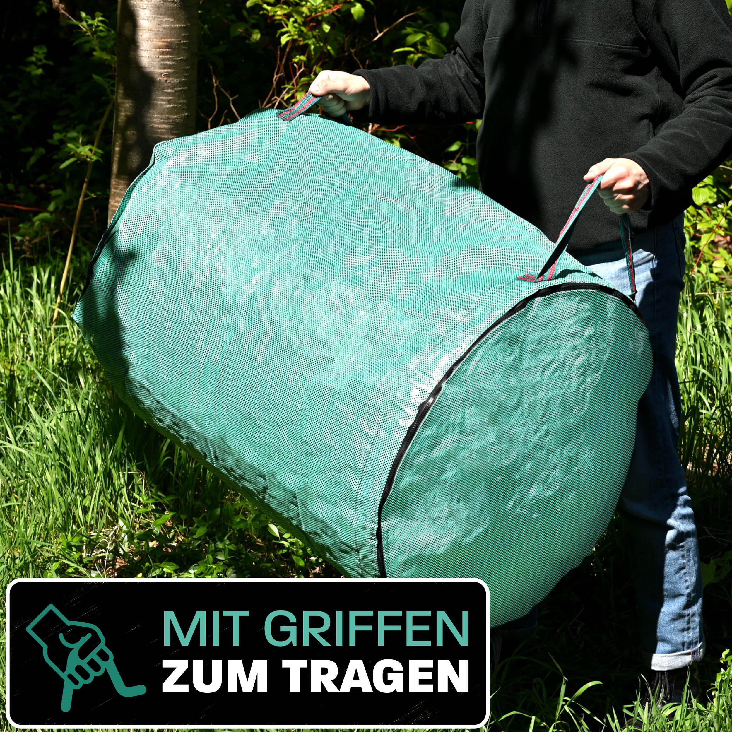 Praknu Gartenbox 3x Gartenabfallsack Stabil 300 Liter - Deckel - Laubsack mit 4 Griffen (3er Set, 3 St., 3x Gartenabfallsack 300L mit Deckel, 4 Griffe, PP 150g/m), Wasserdicht, Strapazierfähig, PP Gewebe 150g/m², Reißfest