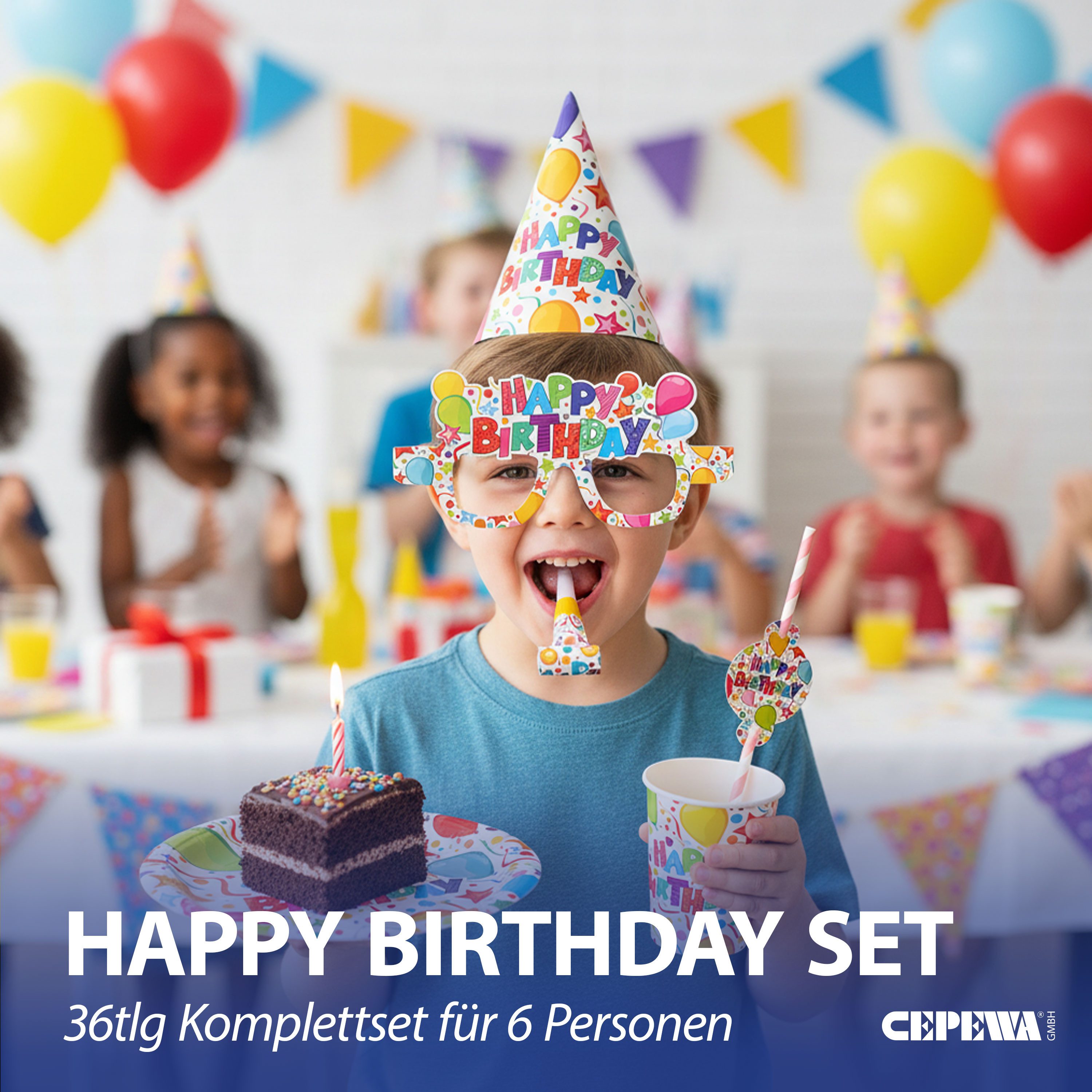CEPEWA Einweggeschirr-Set PartySet Happy Birthday 36tlg Becher Teller Strohhalm Brille Hut Tröte