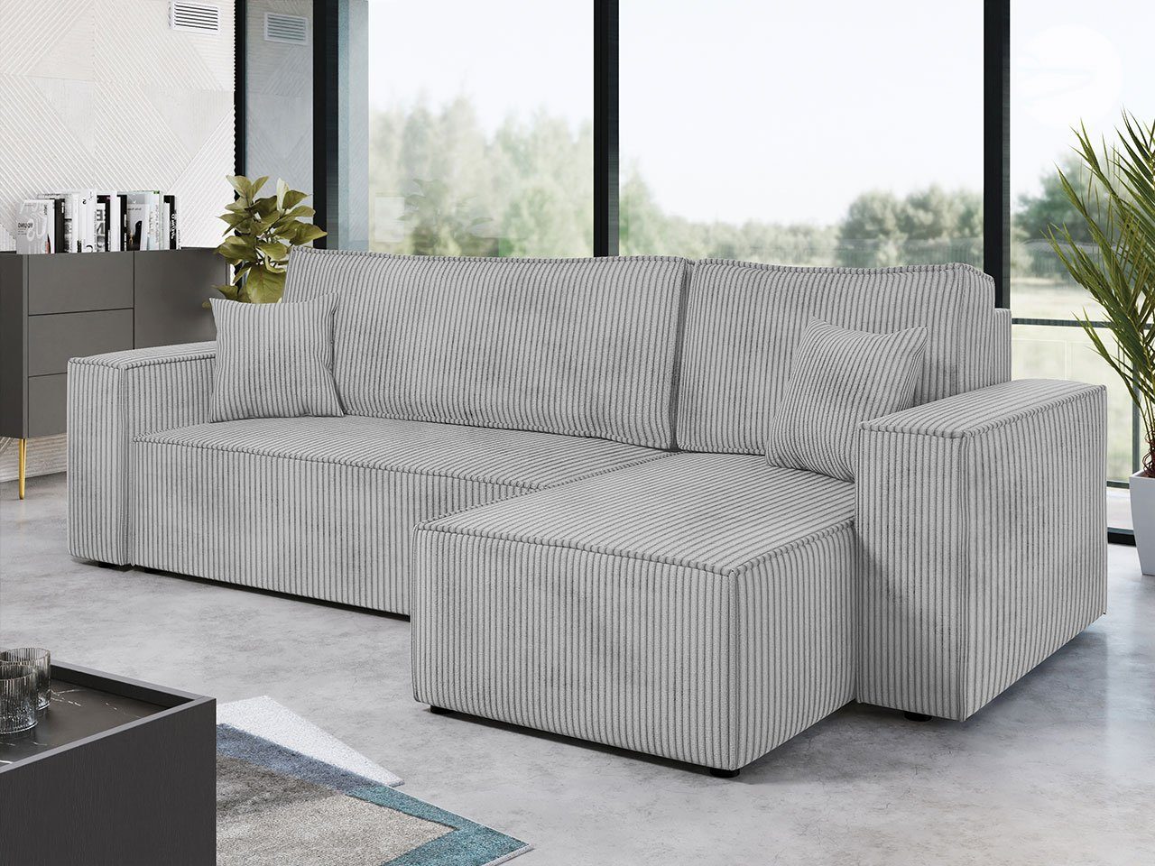 Karl Form Seite Kissen Cord, 110 in MIRJAN24 Rückenlehne mit universal, Bettkasten Ecksofa und Schlaffunktion, beweglicher Poso