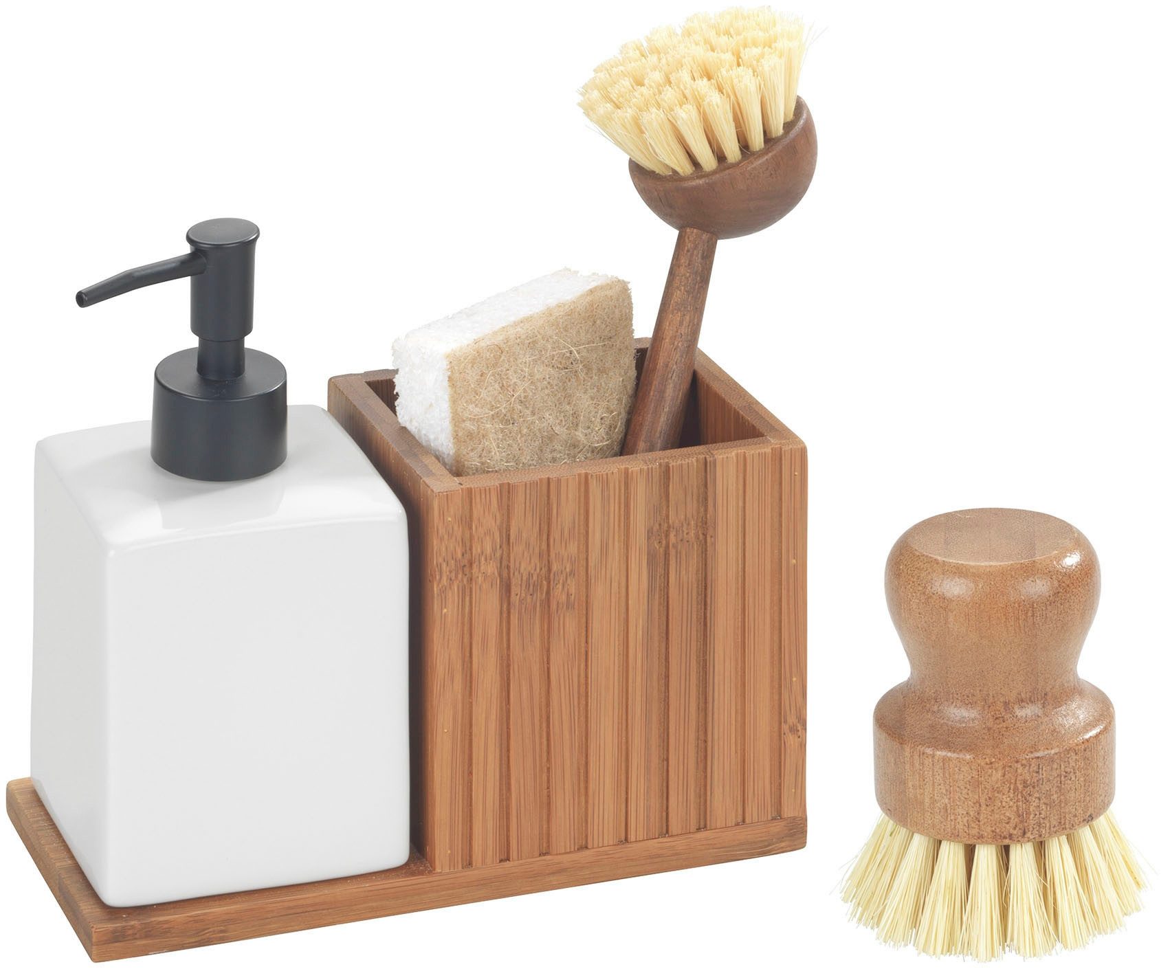 WENKO Дозаторы для моющих средств Spül-Set aus Bambus, (Set, 5-tlg), mit Dosierspender, Utensilienhalter, Schwamm und 2 Spülbürsten
