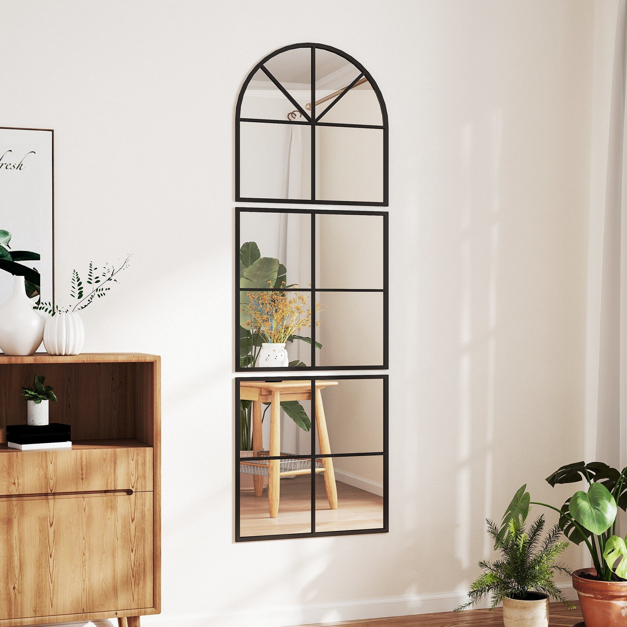 HOMCOM Wandspiegel mit Metallrahmen (bogenförmiger Spiegel, 1-St., dreiteilig Hängespiegel), für Wohnzimmer, Schlafzimmer, Flur, Schwarz – Bild 2 von 5