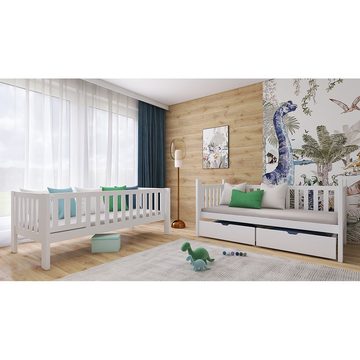 Lomadox Kinderbett KANGRU-162, Kiefer weiß, Bett 2 Liegefläche umbaubar zu Einzelbetten
