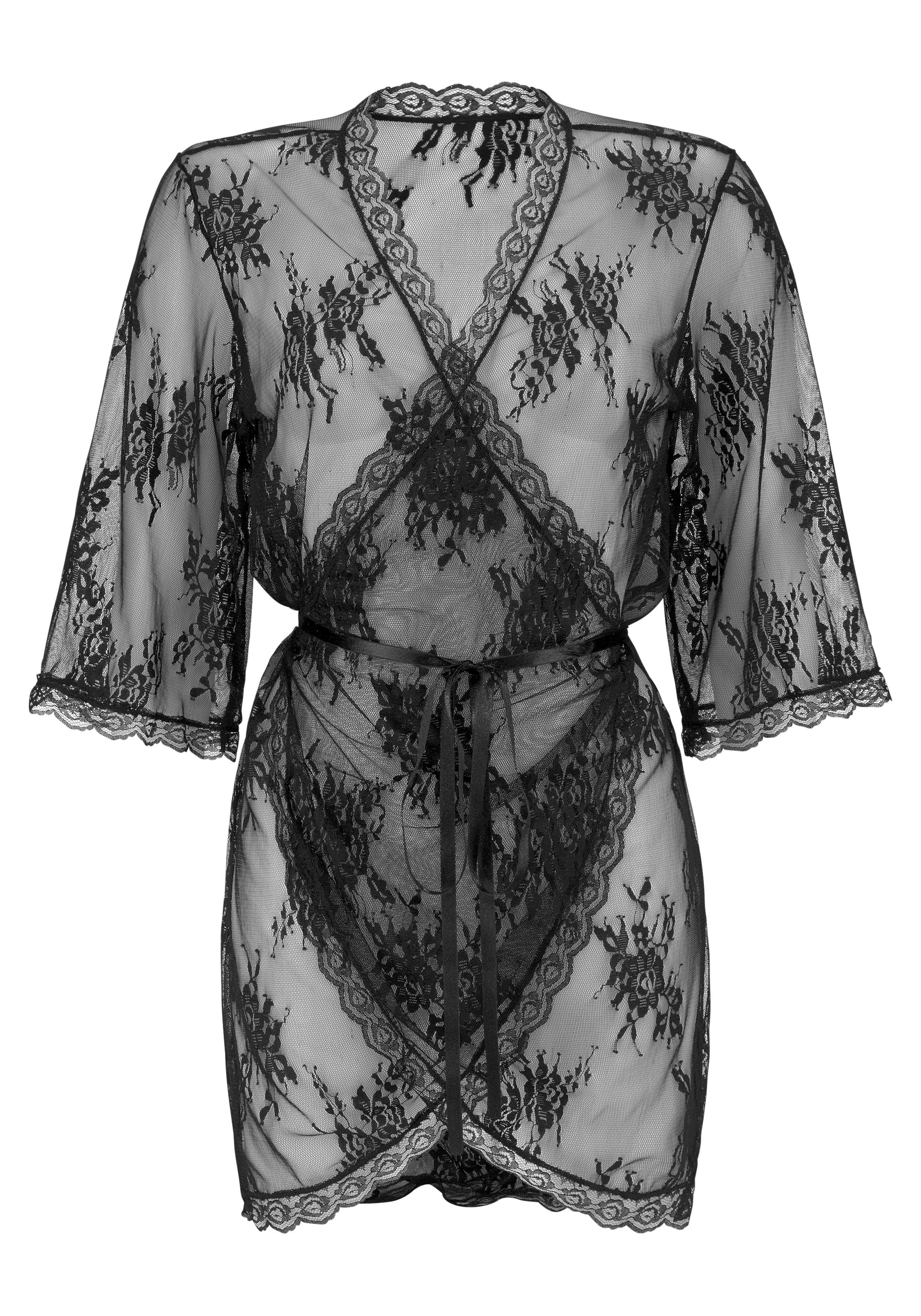 LASCANA Kimono, Kurzform, Kunstfaser, ohne, transparenter Spitze, sexy Dessous aus