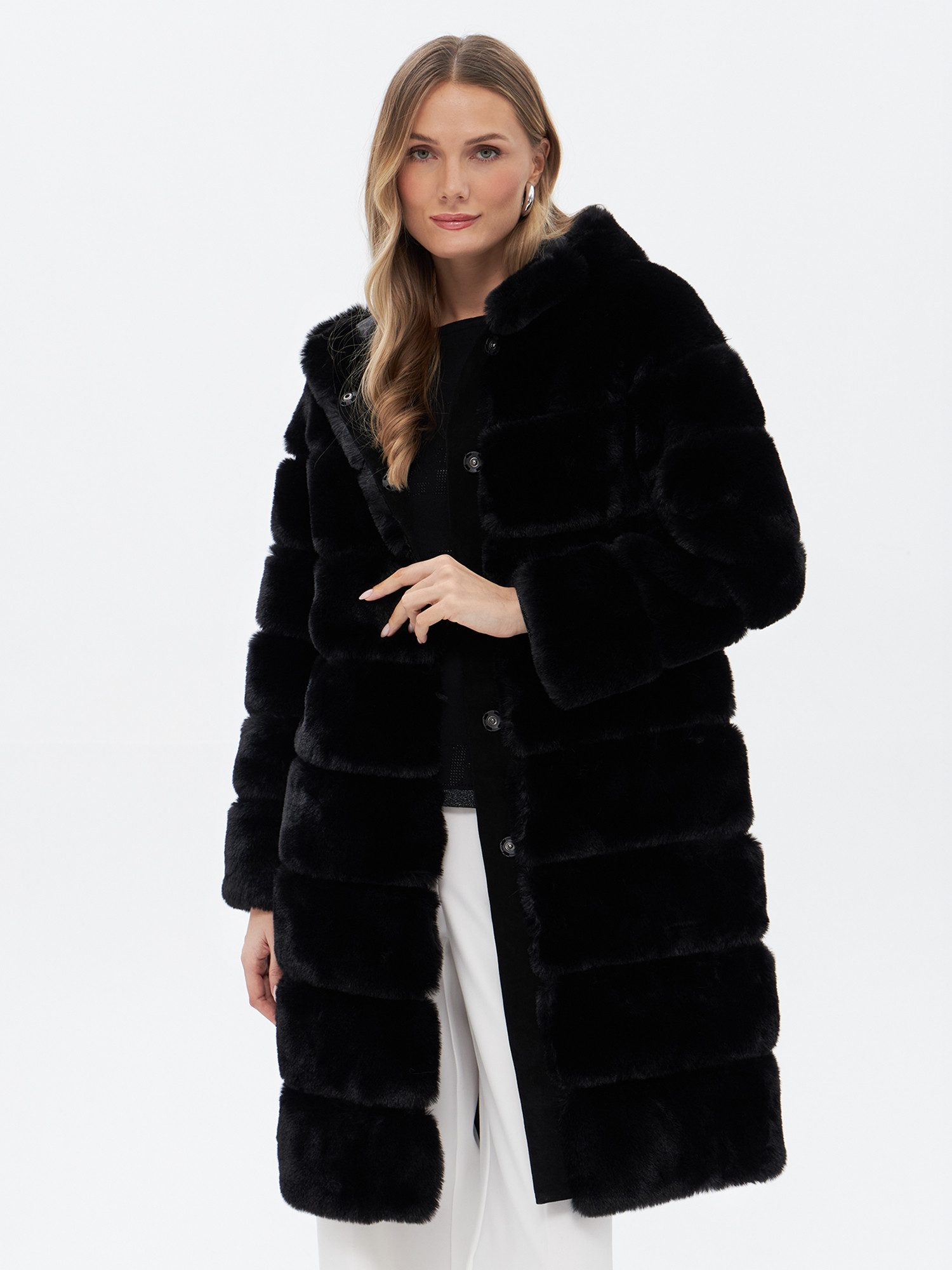 Passioni Fellimitatjacke Web-Pelz Mantel Winterjacke Faux Fur Mantel mit Kapuze