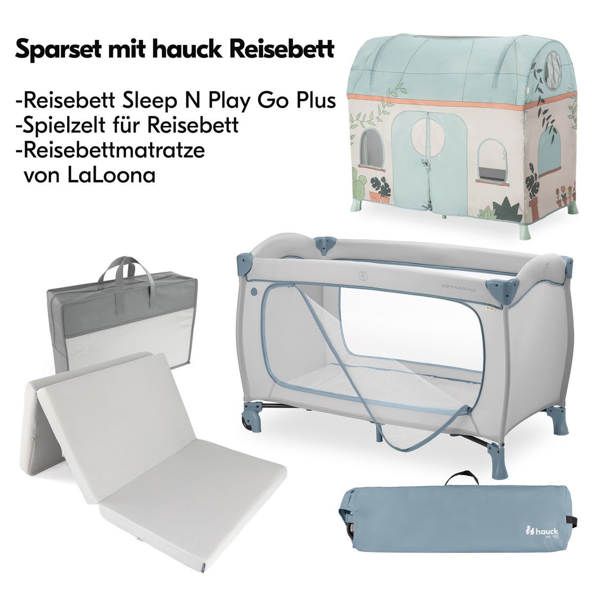 Hauck Baby-Reisebett Sleep N Play Go Plus Set - Dusty Blue, Baby Kinder Reisebett mit Seiteneingang, Matratze, Spielzelt & Rollen