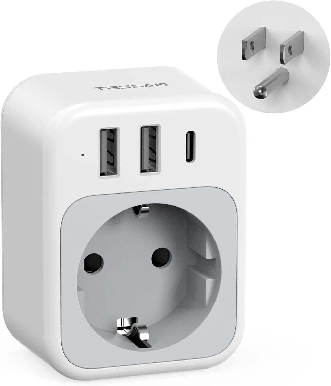 TESSAN Steckdosenleiste Reiseadapter US mit 1 USB C und 2 USB A Reiseadapter
