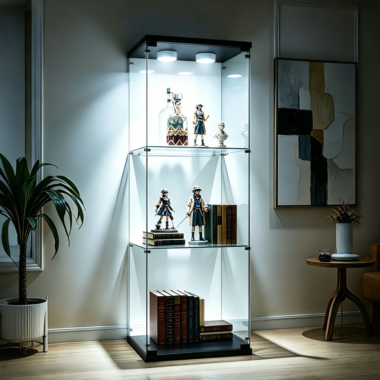 Simurq Glasvitrine mit LED Beleuchtung Standvitrine mit Glastür,Eckvitrine Glas (1-2 Packungen, Vitrinenschrank mit 1 türen,Schloss) Glas vitrine aus Gehärtetes Glas,Sammlervitrine Stehend