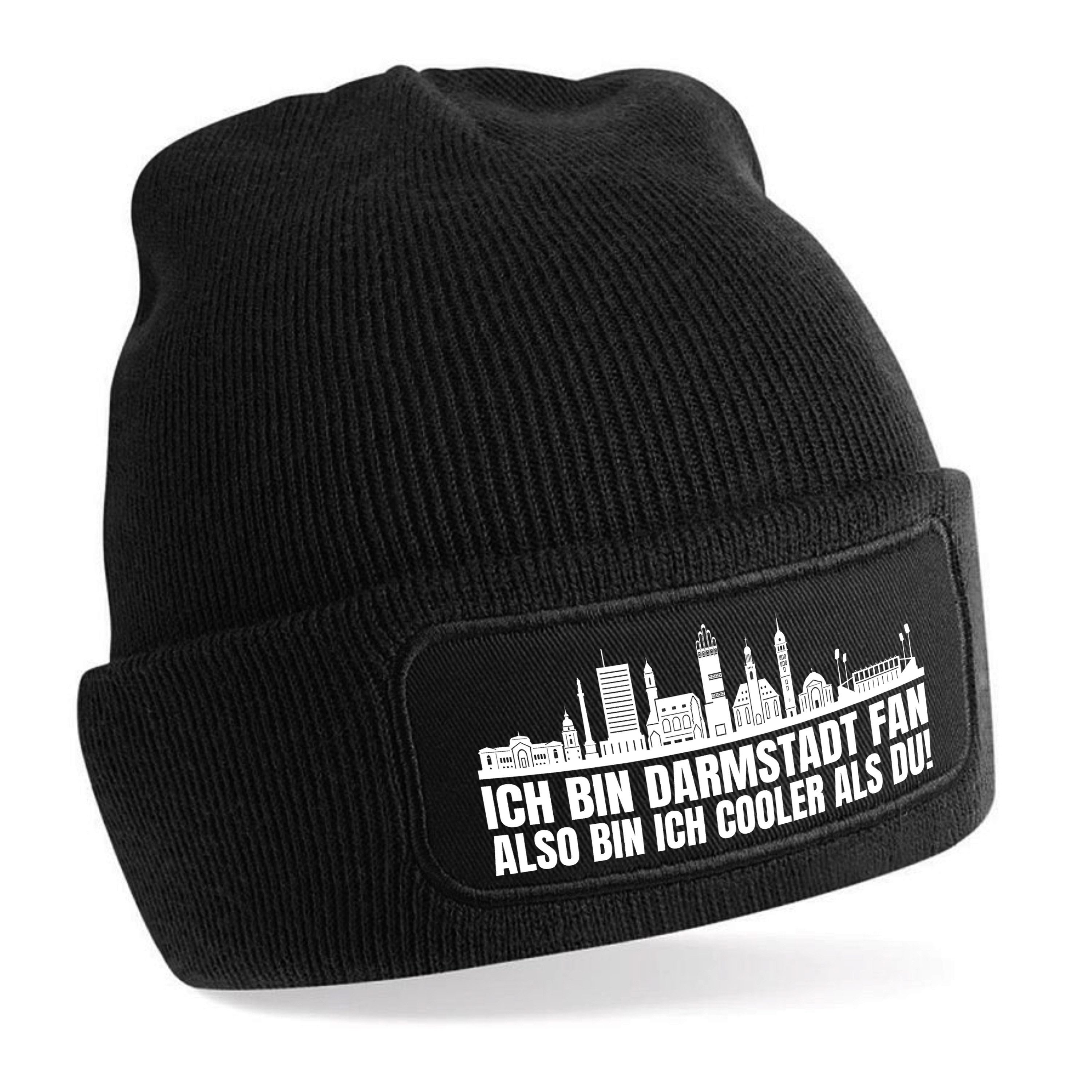 Herzbotschaft Beanie Strickmütze Beanie mit Spruch ICH BIN DARMSTADT FAN (Mütze mit Aufdruck, Skimütze) Unisex SoftTouch angenehm weiche und warme Wintermütze Einheitsgröße