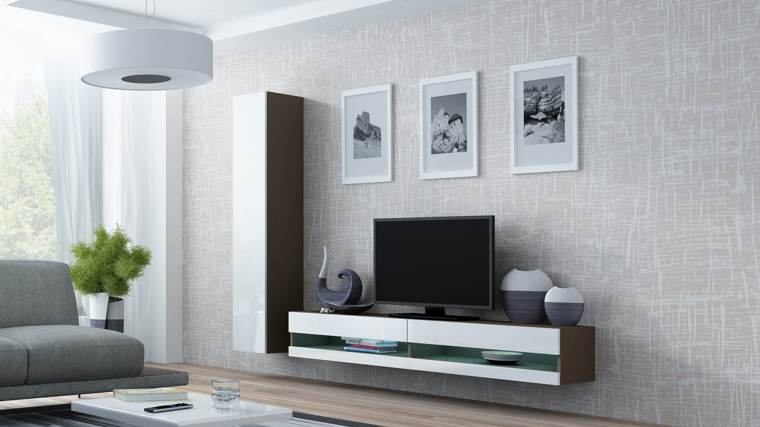 Stylefy Wohnwand Vago New IX, (Set (2-St), Wohnmöbel, Wohnzimmer-Set), bestehend aus 1xLowboard und 1xHängeschrank, inkl. LED-Beleuchtung, mit Push-to-Open, Modern Design Latte Matt - Weiß Hochglanz