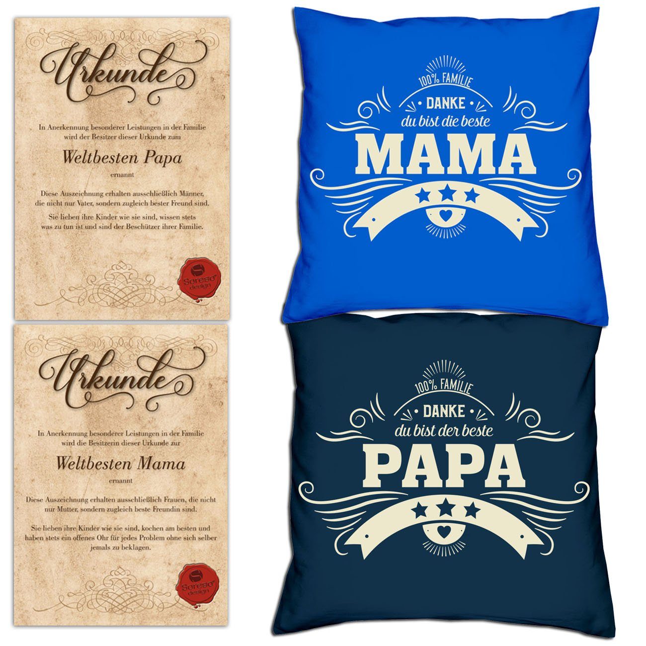 Soreso® Dekokissen Kissen-Set Danke Papa Danke Mama mit Urkunden, Weihnachtsgeschenk für Eltern royal-blau