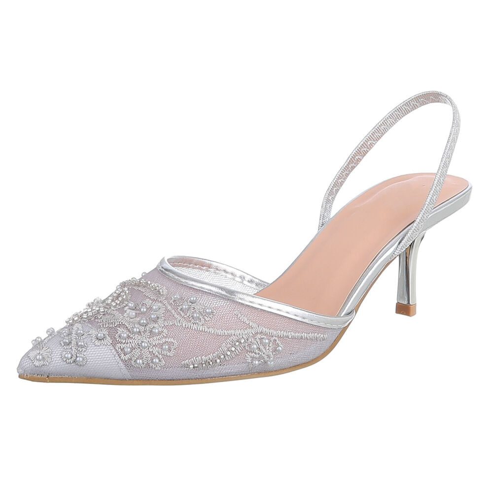 Ital-Design Damen Slingback-Pumps mit Perlenstickerei & High Heel Schnürpumps (92214471) Pfennig-/Stilettoabsatz Pumps in Silber