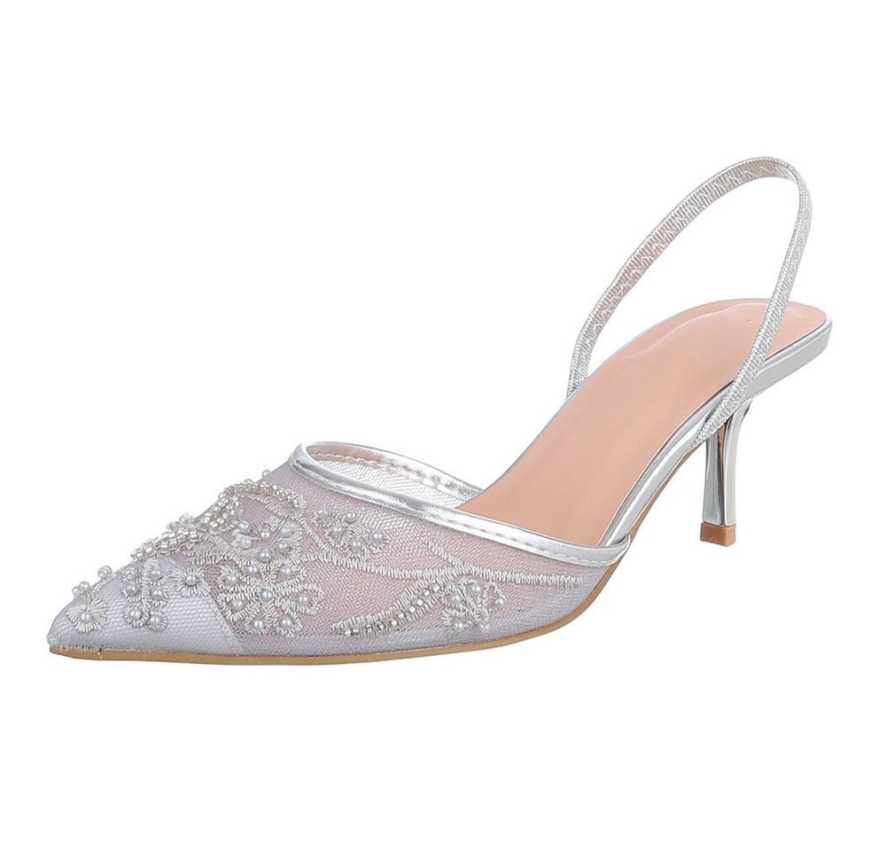 Ital-Design Damen Slingback-Pumps mit Perlenstickerei & High Heel Schnürpumps (92214472) Pfennig-/Stilettoabsatz Pumps in Silber