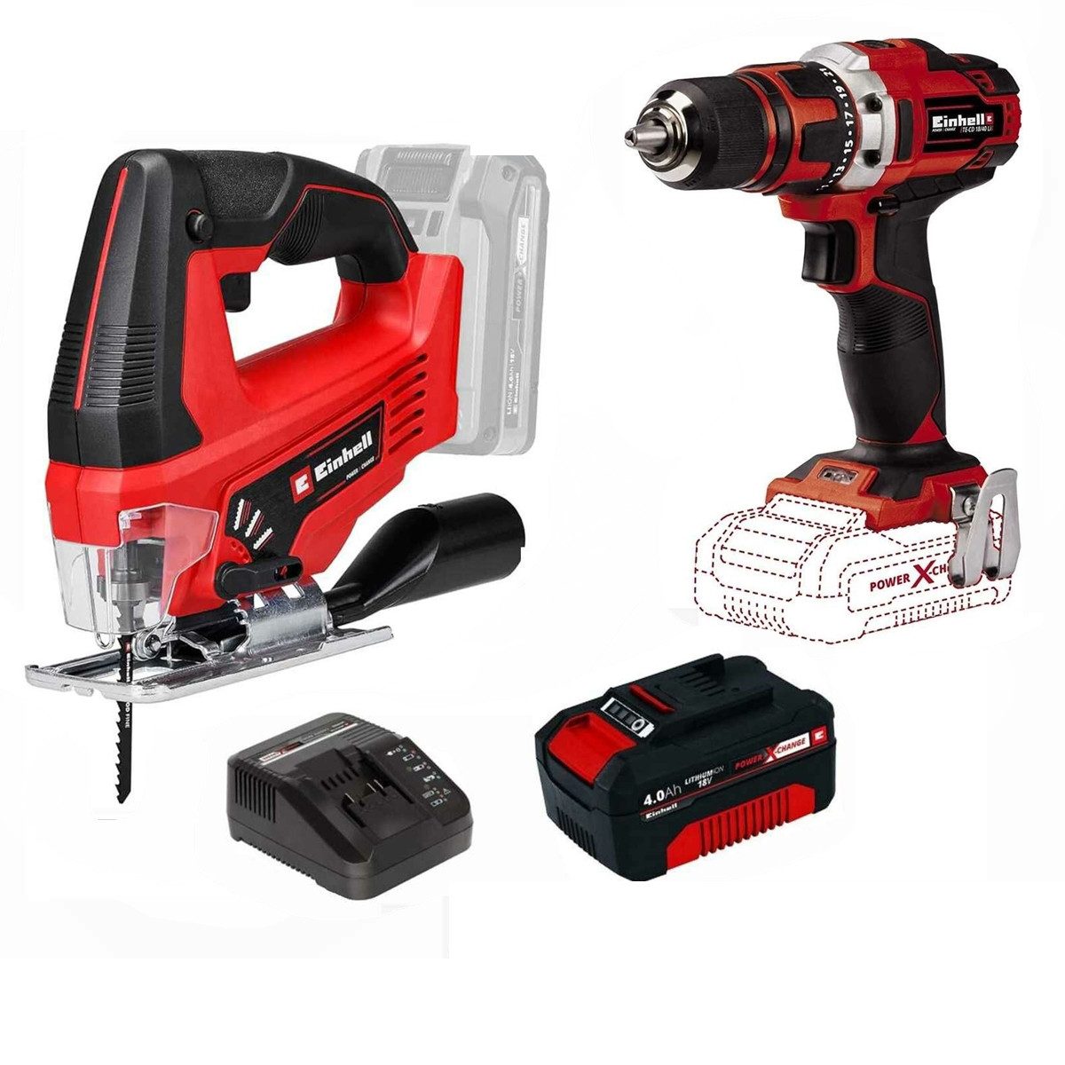 Einhell Akku-Bohrschrauber Set 18V Bohrschrauber TE-CD 18/40 Stichsäge TC-JS 18V Akku 4 Ah