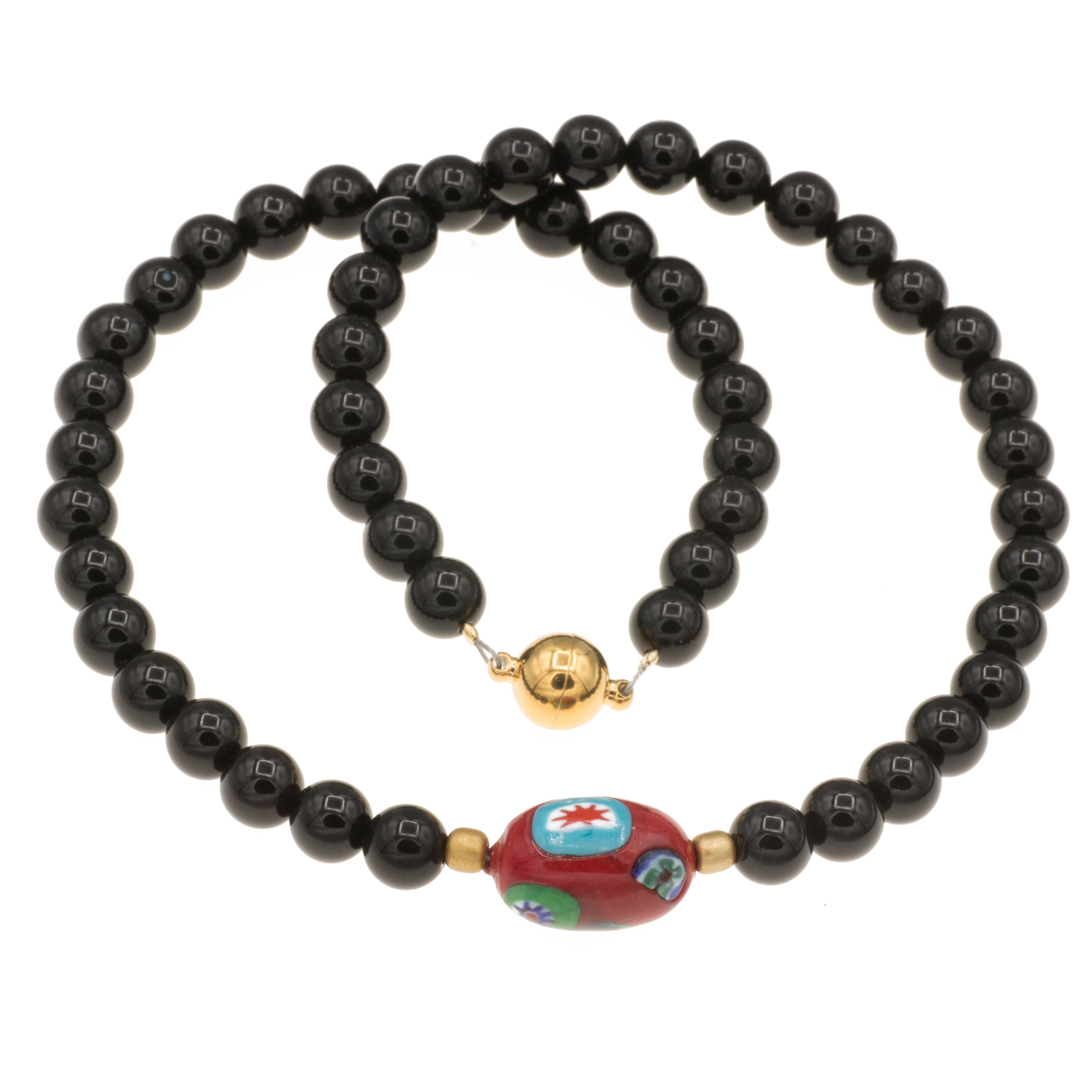 Perlenkette Kette mit schwarzen Achat Perlen und 1 Murano Glas Mosaik Perle